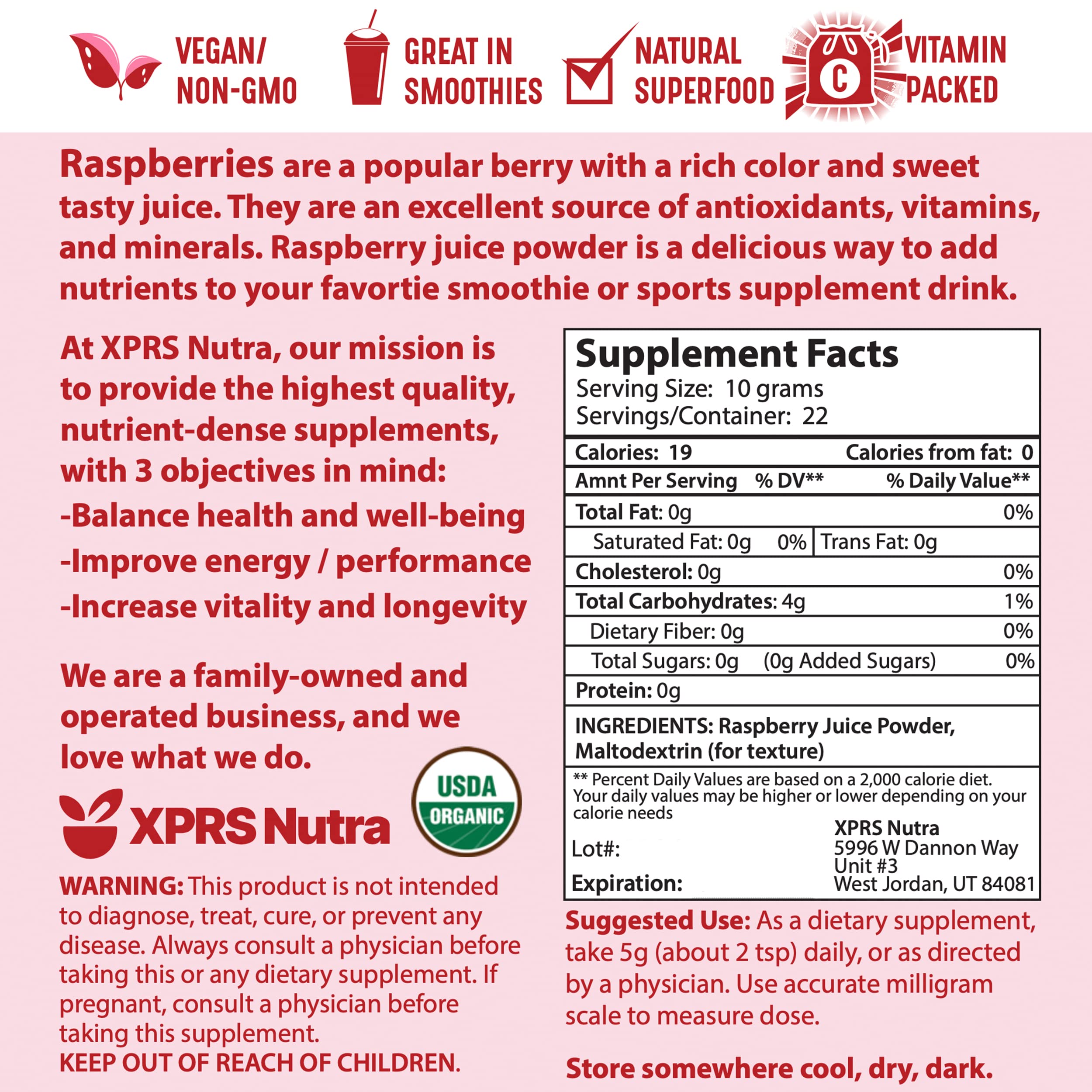 Organic Raspberry Juice Powder by XPRS Nutra - Vegan Superfood Supplement for Immune Support with Vitamin C - 8 oz for Smoothies, Drinks & Baking - Antioxidant-Rich Raspberry Powder for Energy & Wellness