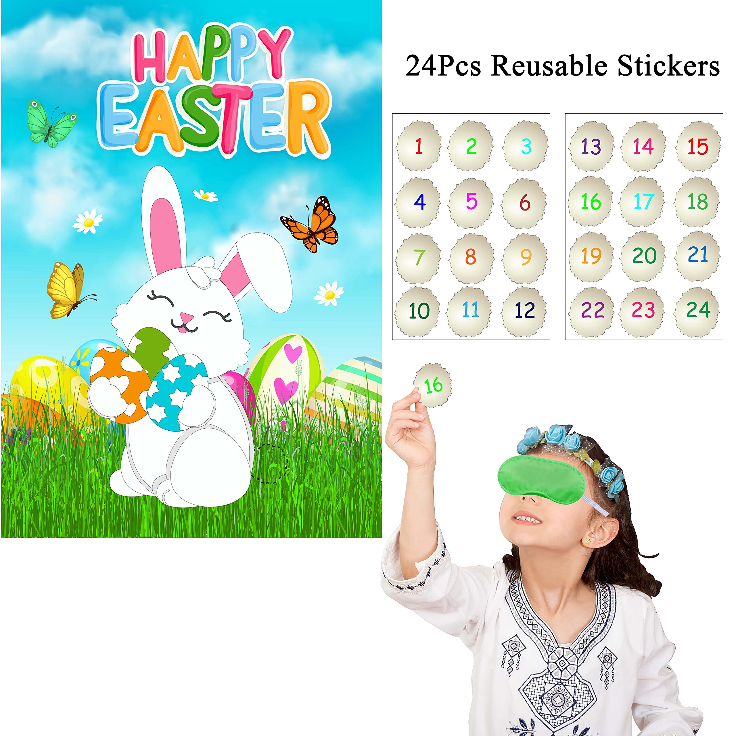 Pin The Tail on The Bunny Easter Game for Kids - Fun Easter Party Games with Reusable Stickers - Easter Rabbit Game & Egg Hunt Activities - Perfect for Easter Party Favors & Classroom Celebrations