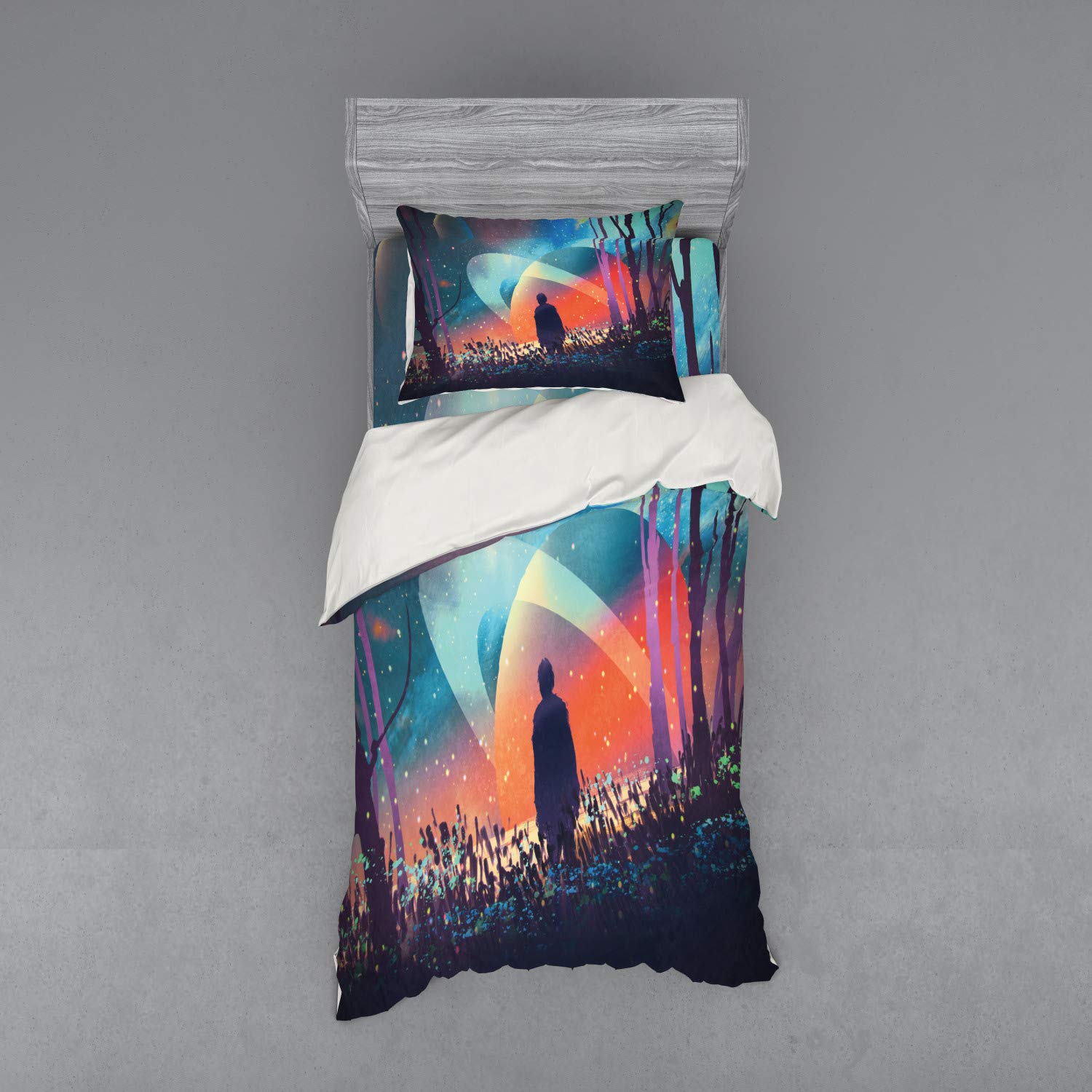 Ambesonne Galaxy Planets Duvet Cover Set - 3 Piece Twin Size Bedding with Sham & Fitted Sheet - Vibrant Space Cosmos Art Design for Modern Bedroom Decor | Perfect for Teens, Adults & Space Theme Lovers
