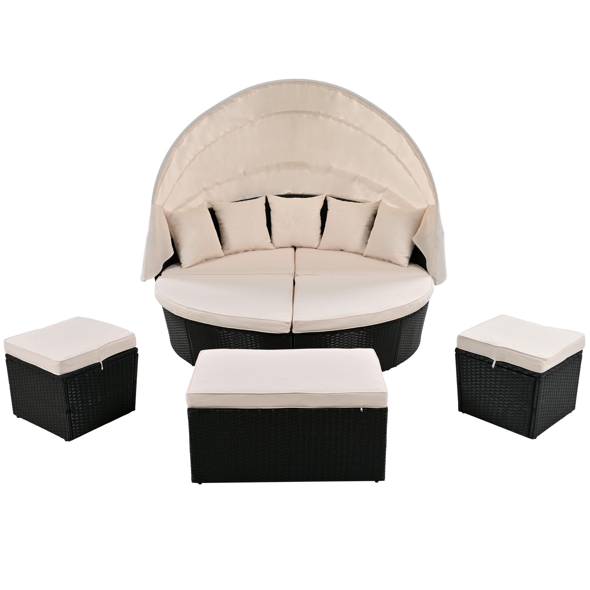 Premium Outdoor Patio Rattan Wicker Furniture Set - Round Sunbed with Retractable Canopy, Sectional Conversation Set with Bench & Fan Chairs, Washable Cushions - Perfect for Backyard, Poolside & Garden Relaxation