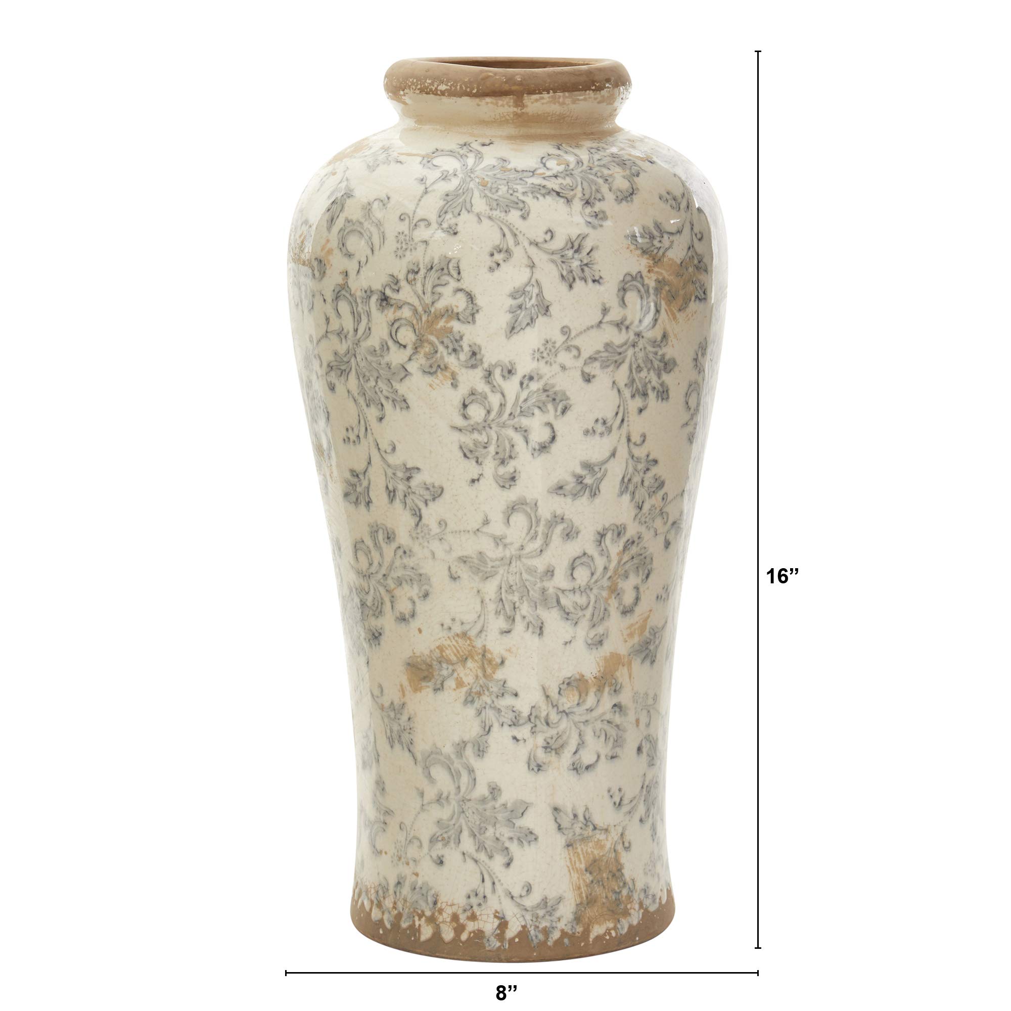 Nearly Natural 16 Inch Tuscan Ceramic Floral Scroll Urn Vase - Elegant Home Decor for Living Room, Dining Table, or Outdoor Garden Arrangements