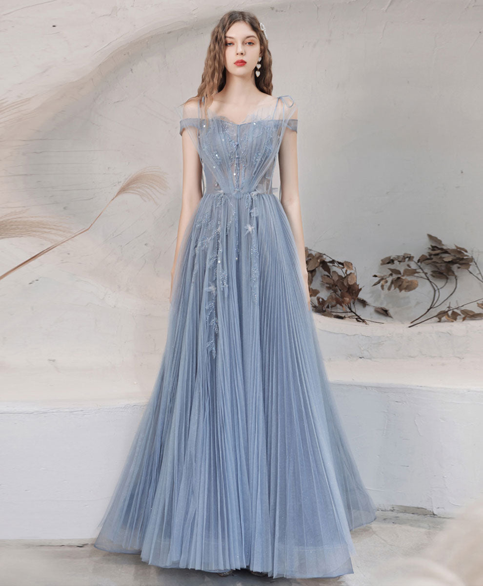 Elegant Blue A-Line Off Shoulder Long Prom Dress with Beading - Perfect for Formal Graduation, Homecoming & Evening Gala Events