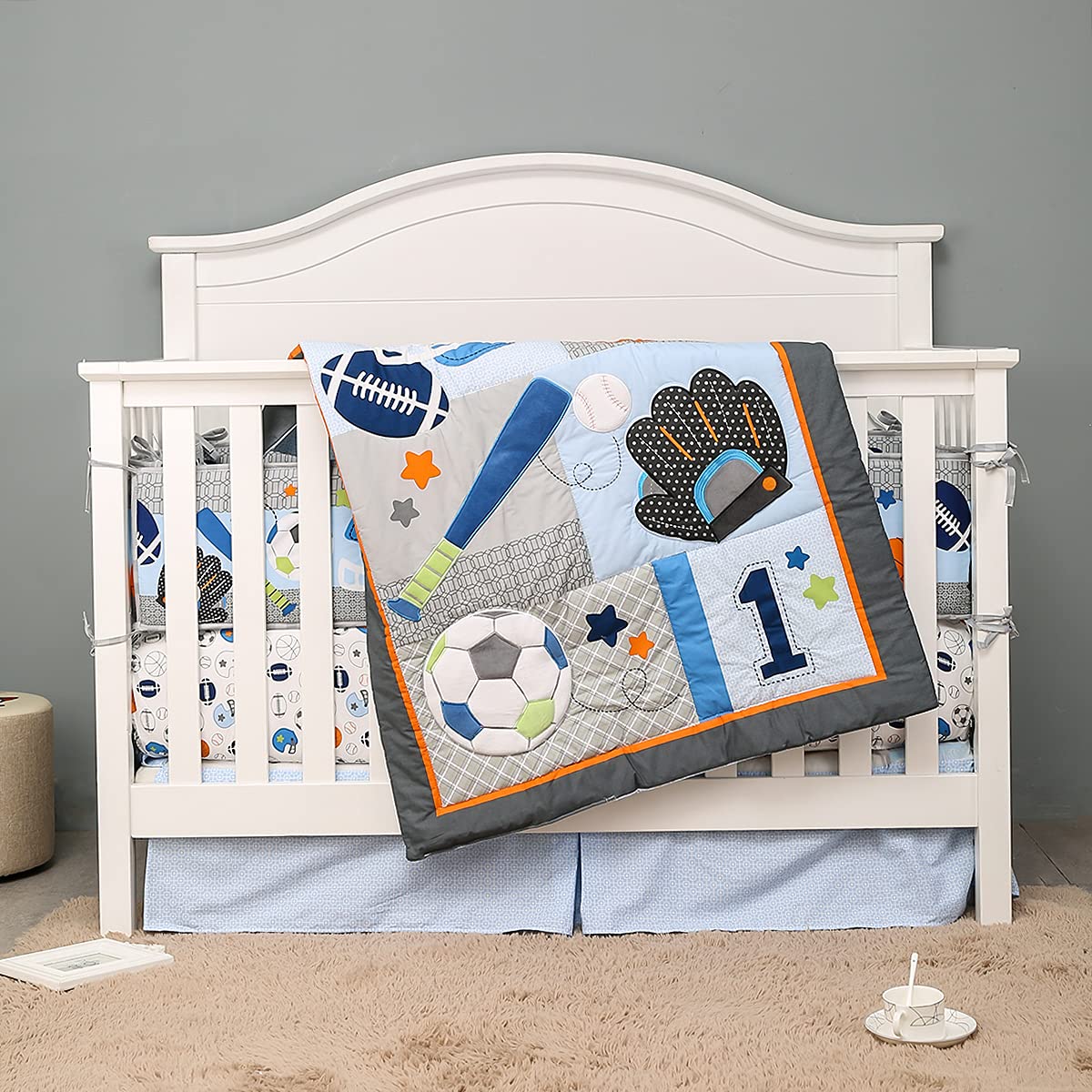 7-Piece Sports Themed Baby Crib Bedding Set - Blue Baseball & Football Nursery Bedding for Boys - Perfect for Newborns, Infants & Toddlers - Ideal for Nursery Decor, Baby Showers & Gift Giving