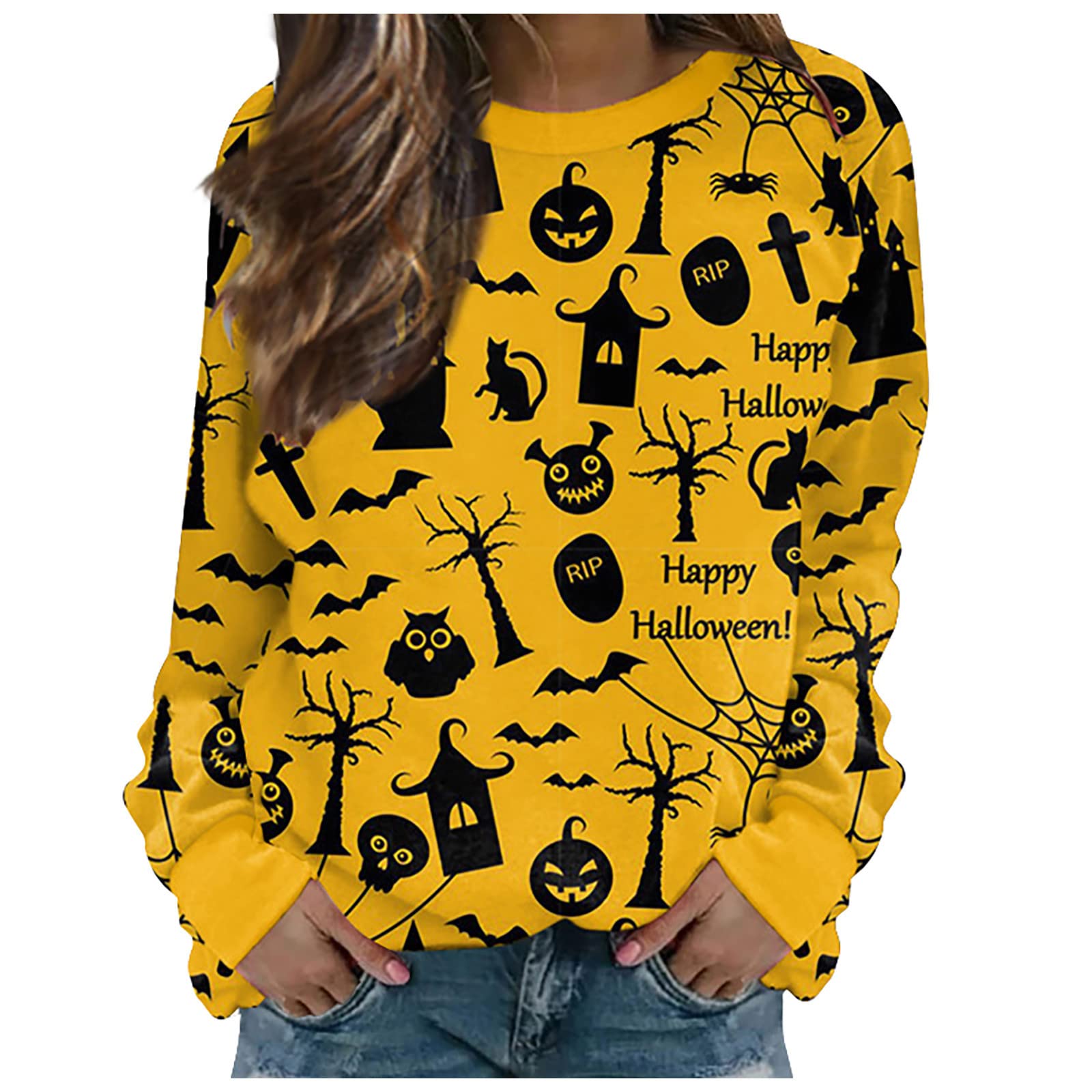 Women's Printed Long Sleeve O-Neck T-Shirt - Casual & Formal Loose Fit Graphic Yellow Top for Work, Date Night & Everyday Wear