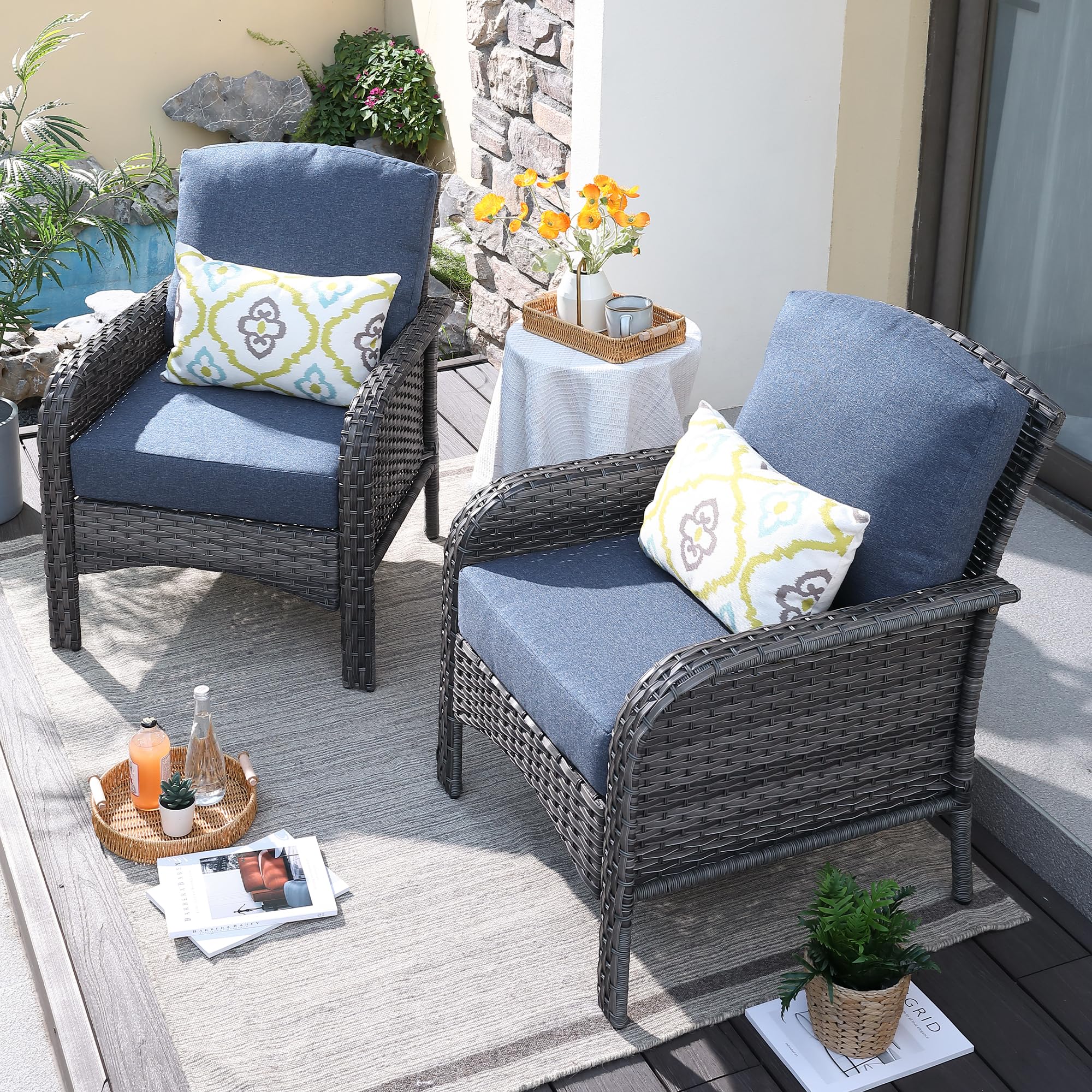 2-Piece Patio Furniture Set - All-Weather Wicker Chairs with High Back & Comfy Cushions for Outdoor Porch, Deck, Garden - Denim Blue - Perfect for Relaxing, Entertaining & Backyard Lounging