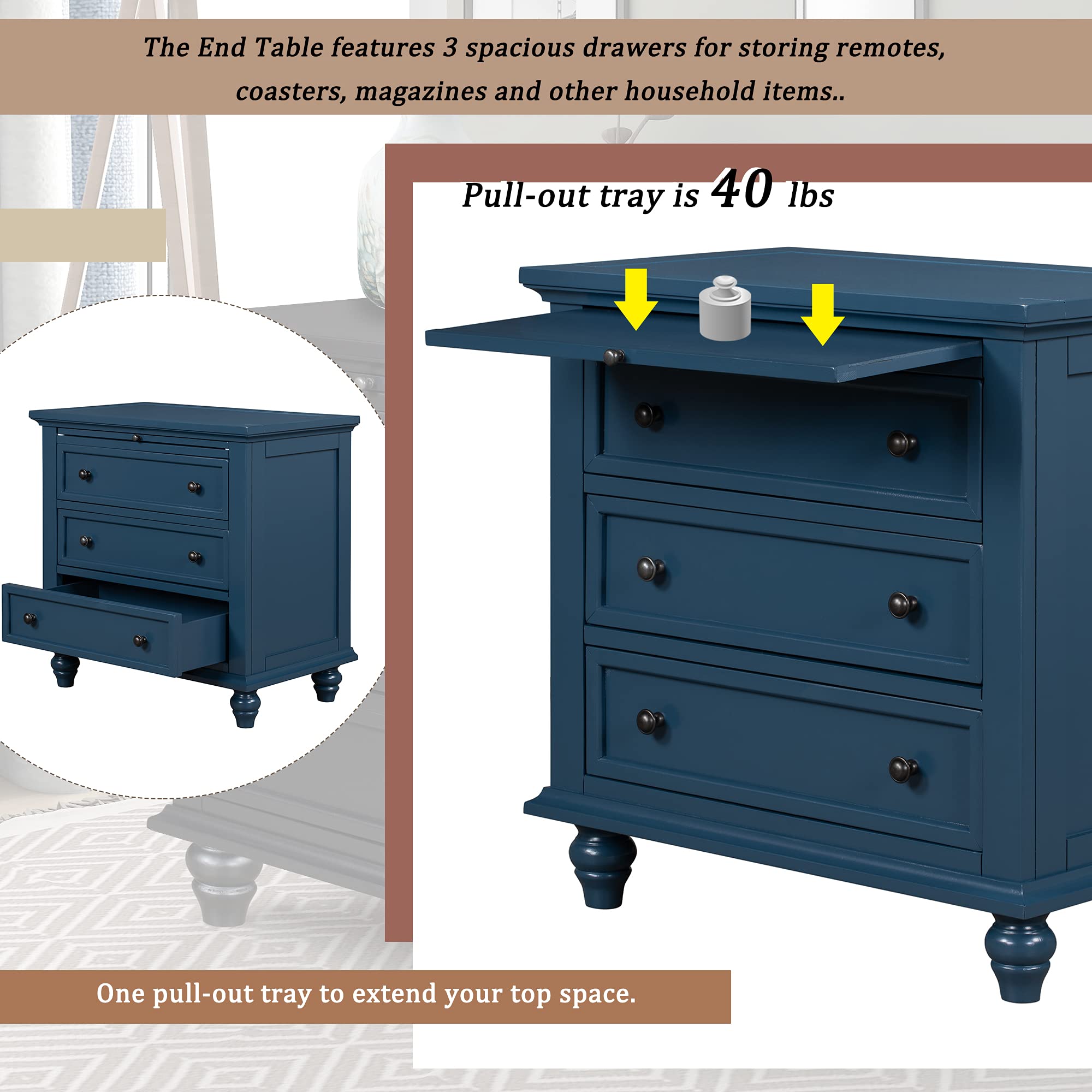 Modern 3-Drawer Wood Storage Cabinet - Sofa Table, Console Table & End Table with Pull-Out Tray - Entryway, Living Room & Bedroom Accent Furniture (Blue) - Perfect for Small Space Organization & Home Decor