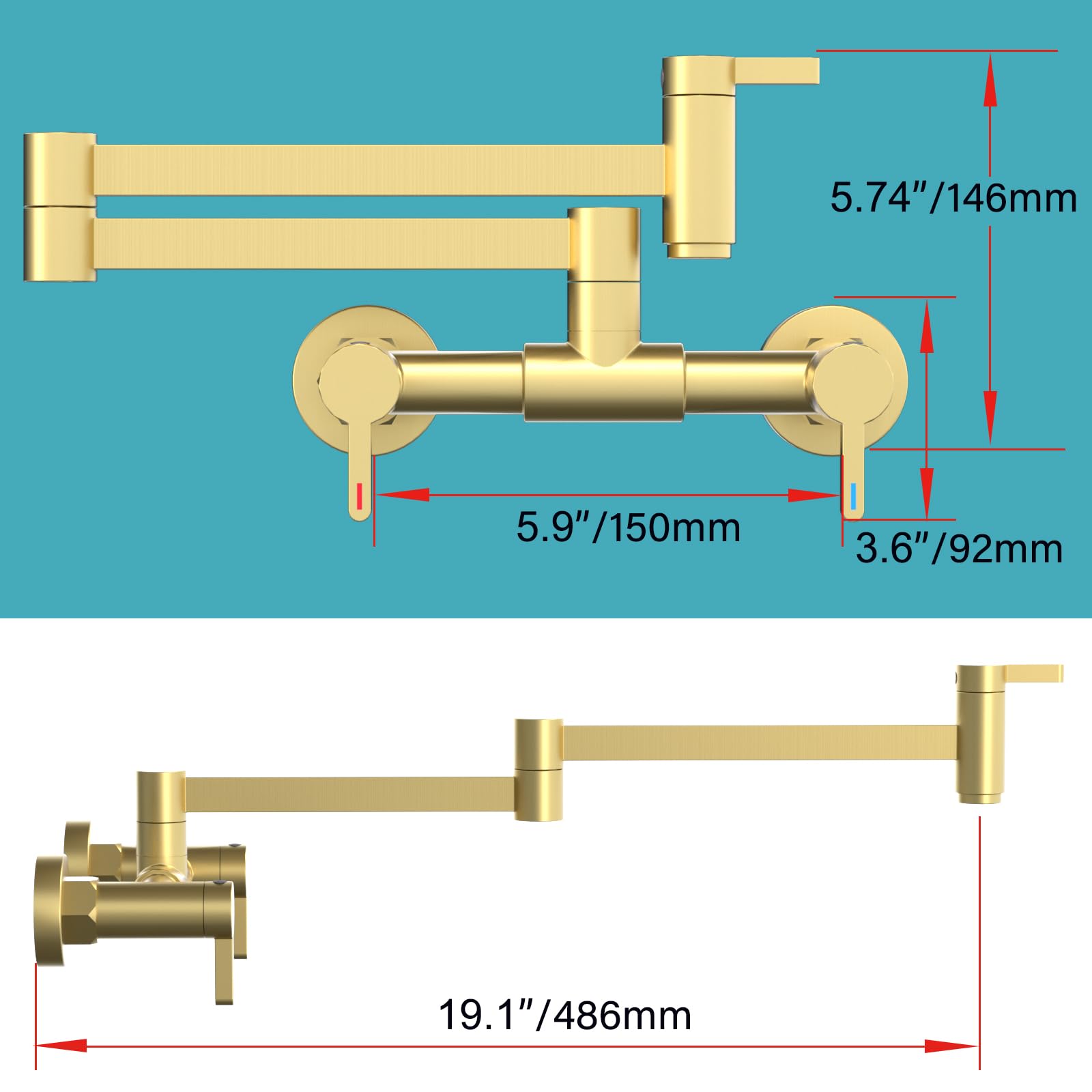 2 Hole Pot Filler Faucet - Hot & Cold Wall Mount Brass Folding Faucet with 3 Handles, 19