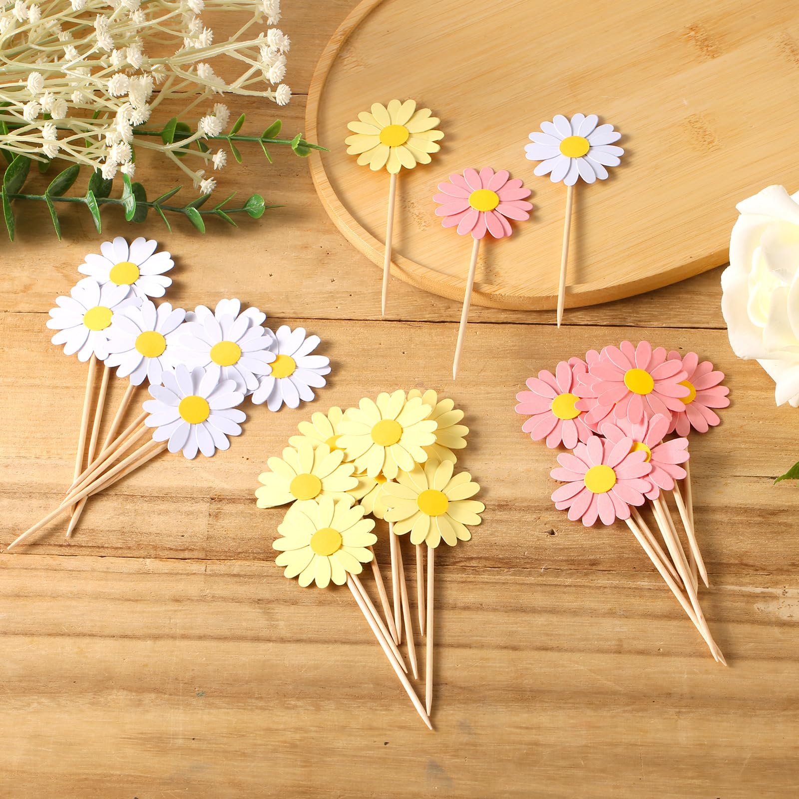 24pcs Daisy Cupcake Toppers - Premium Paper Flower Cake Decorations for Weddings, Birthdays & Parties (Pink, White, Yellow) | Elegant Cupcake Inserts & Celebration Decor for Baby Showers, Bridal Showers & Special Events
