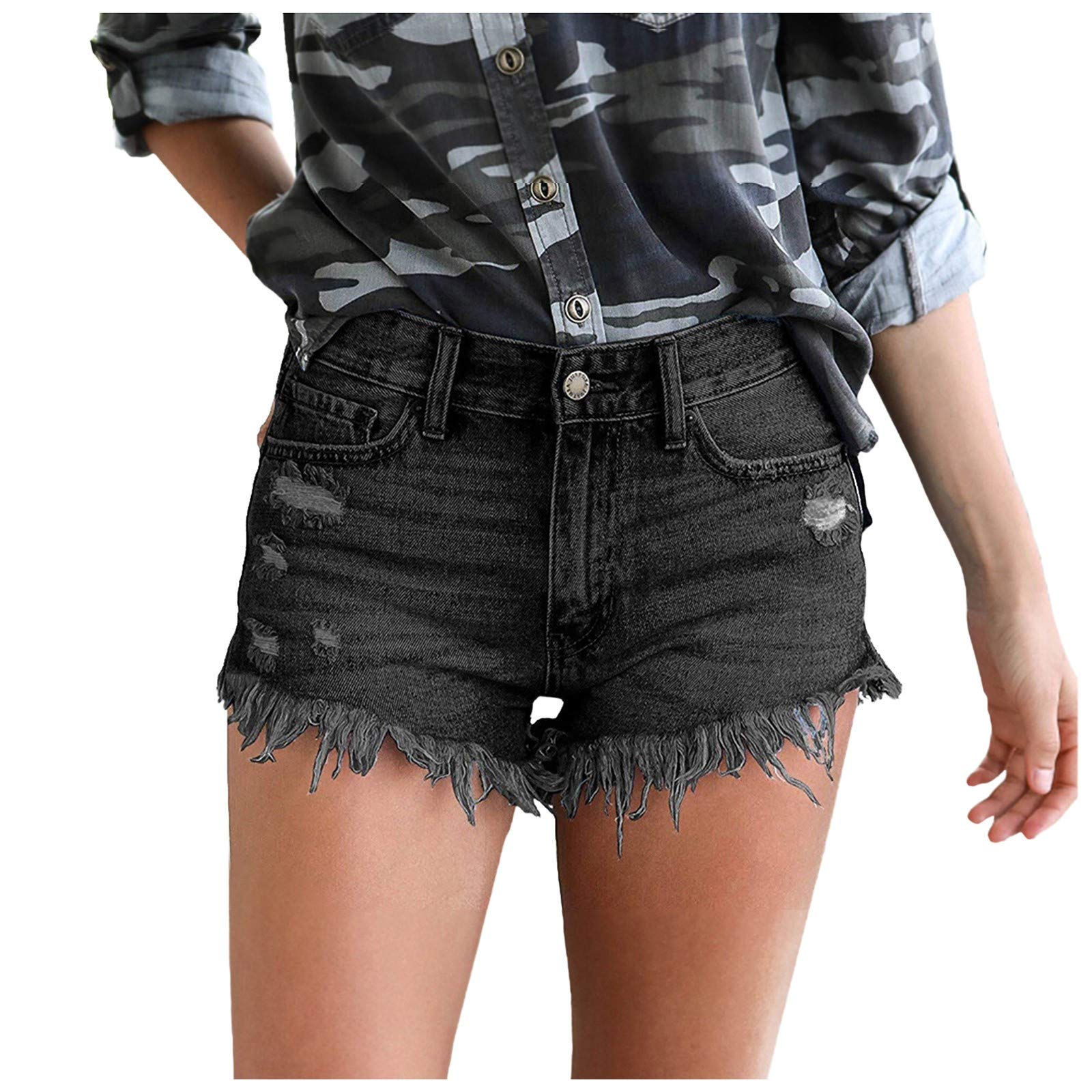 Trendy Women's High Waisted Ripped Denim Shorts with Fringe & Pockets | Fall Winter Fashion 2022 | Perfect for Casual Outings & Streetwear