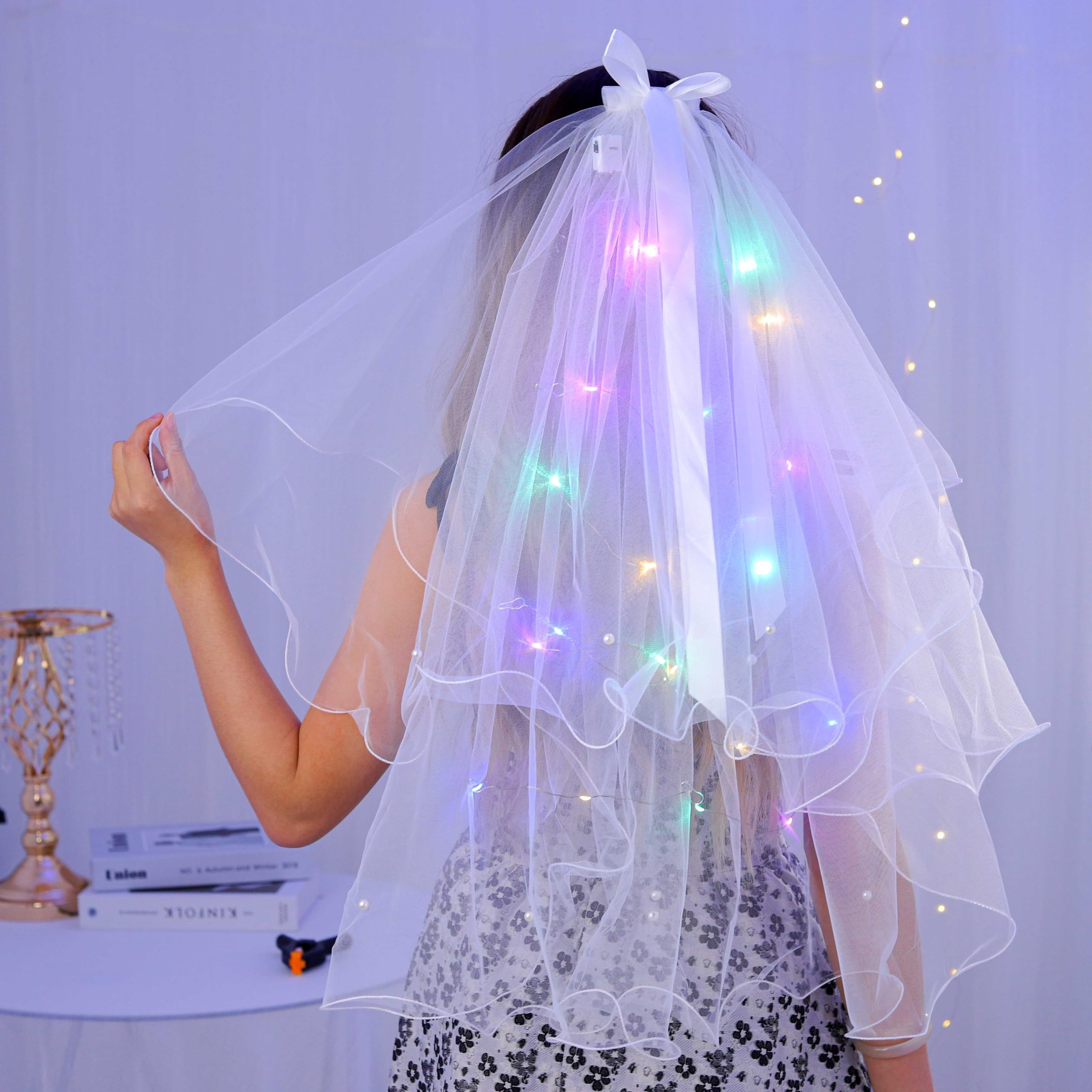 White 2-Tier Bridal Wedding Veil with LED Lights - Elegant Short Veil Hair Accessory for Bachelorette Parties, Bridal Showers & Wedding Ceremonies