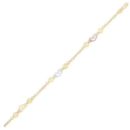 14K Tri-Color Gold Anklet with Multi-Color Heart Charms - Adjustable 10