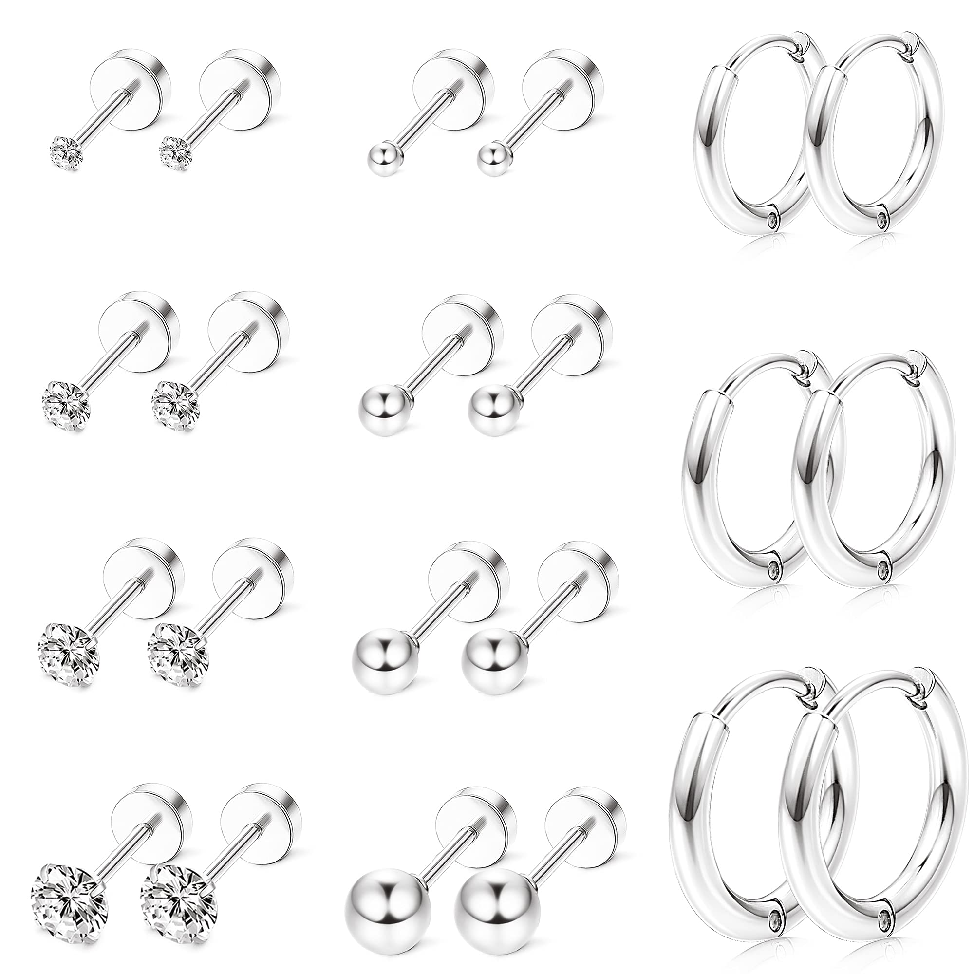 11 Pairs Cartilage Earrings for Women - Ball Stud Earrings Set with Cubic Zirconia, Flat Back Screwback Helix Earrings for Daily Wear & Special Occasions