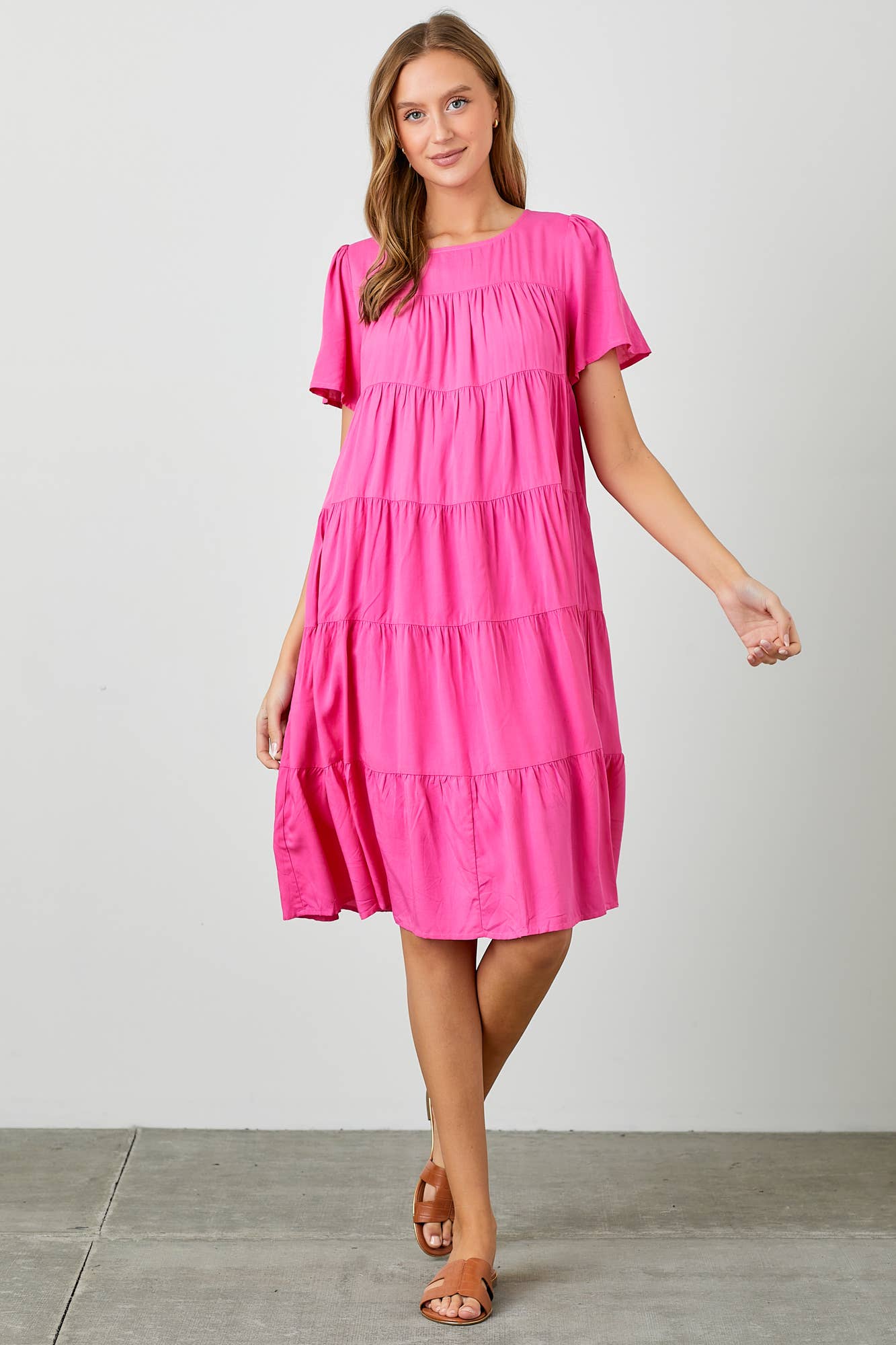 Elegant Fuchsia Tiered Midi Dress with Flowy Sleeves - Women's Casual Summer Dress for Beach, Wedding & Party Wear