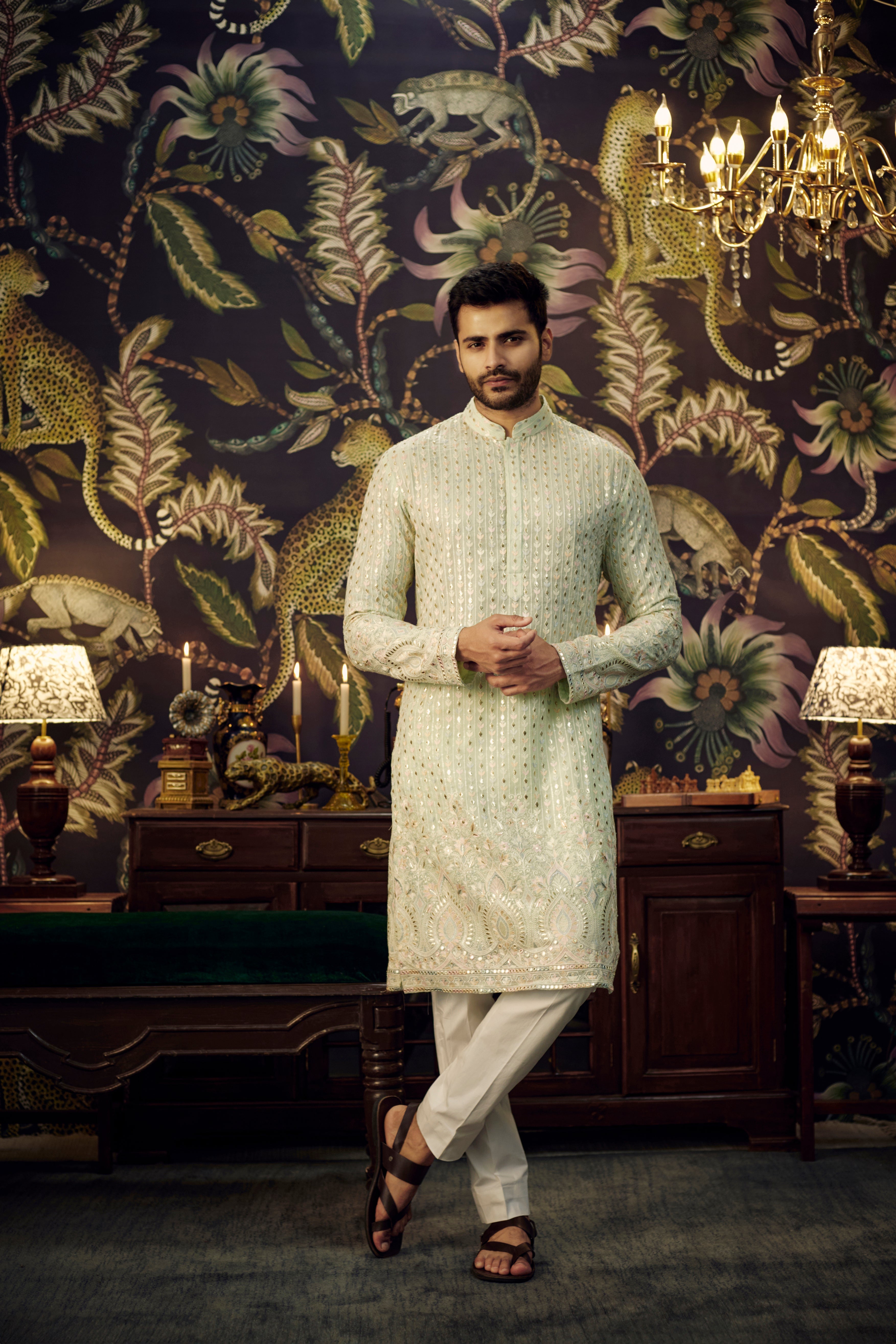 Elegant Ice Blue Chikankari Kurta with Intricate Multi-Thread Embroidery & Detailed Ghera - Perfect for Festivals, Weddings & Ethnic Occasions