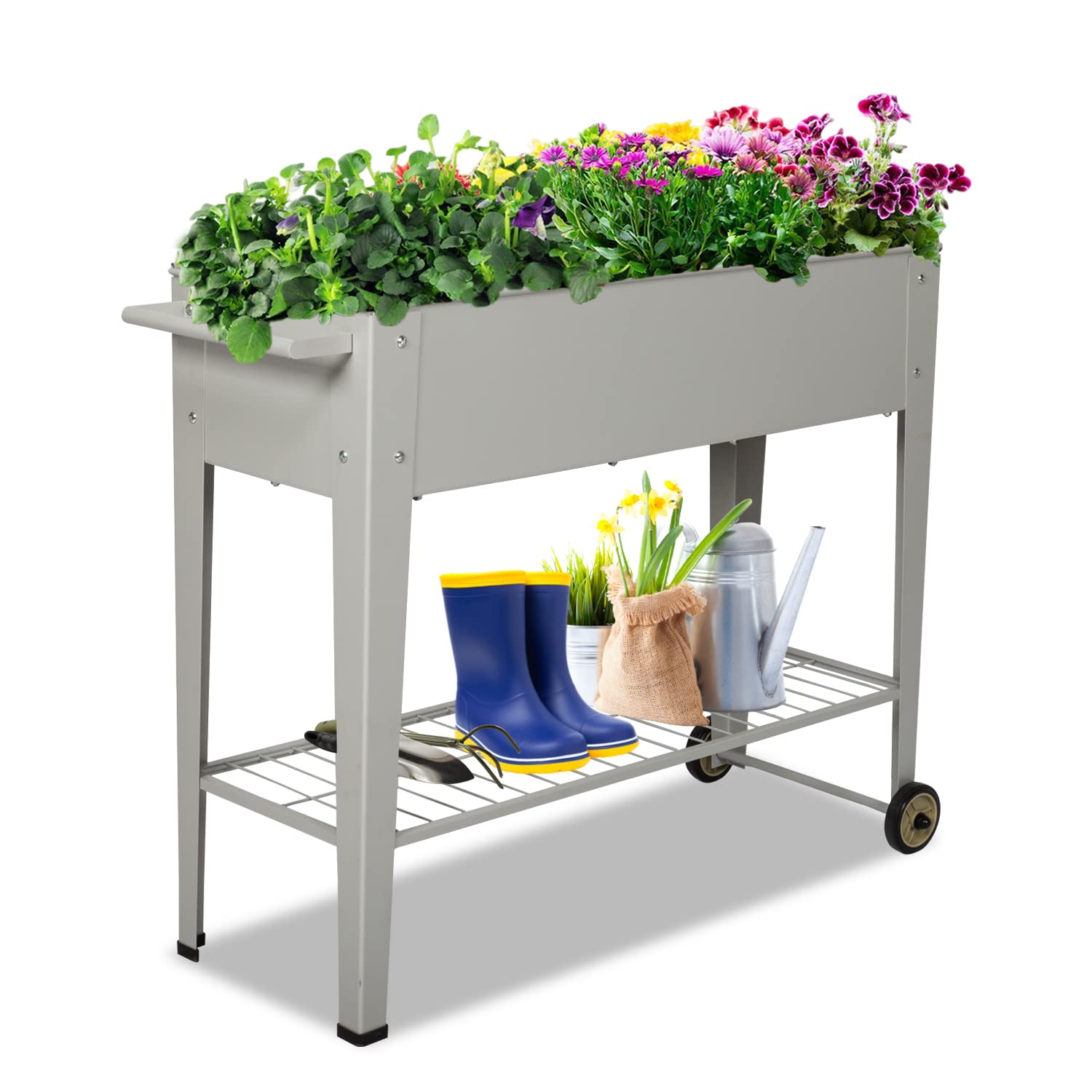 Elevated Metal Raised Garden Bed with Wheels - Outdoor Standing Planter Box for Vegetables, Herbs & Plants - Patio, Backyard Gardening Solution - Grey