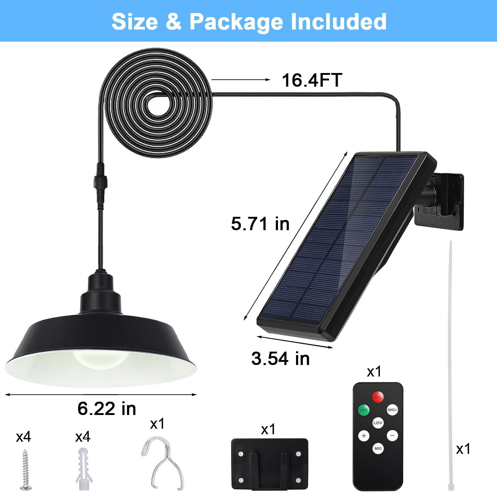 Solar Powered Outdoor Pendant Lights - 360° Adjustable Solar Panel, Dimmable Remote Control, 16.4ft Cable IP65 Waterproof - Perfect for Patio, Garage, Camping, Chicken Coop & Barn Lighting