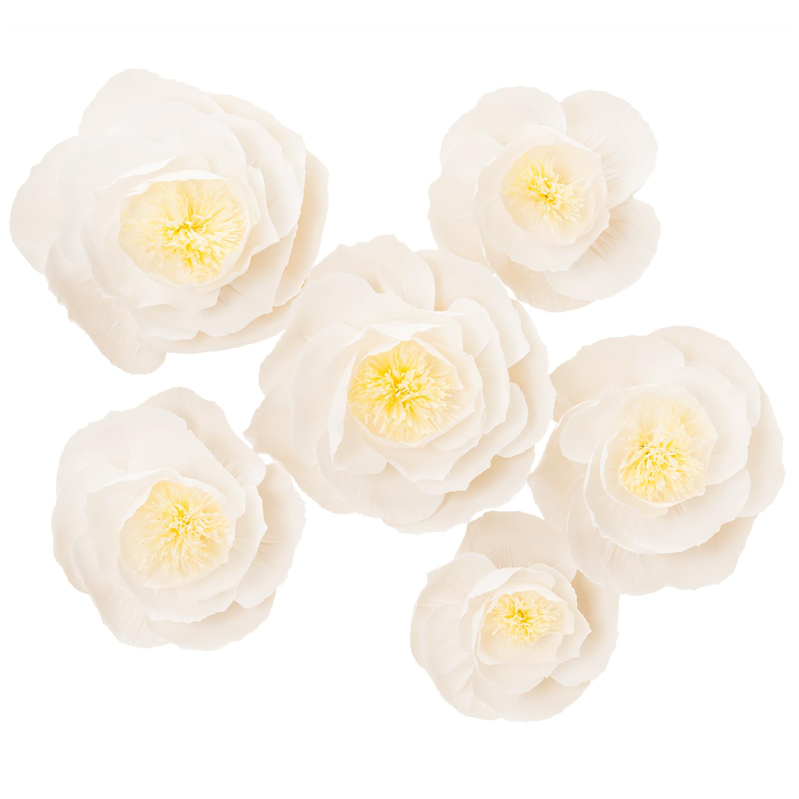 Artificial Crepe Paper Flowers Wall Decor - Wedding, Baby Shower & Birthday Backdrop - Nursery Archway Decoration Set (6-Piece White with Beige Hearts) for Home, Party & Event Decorations