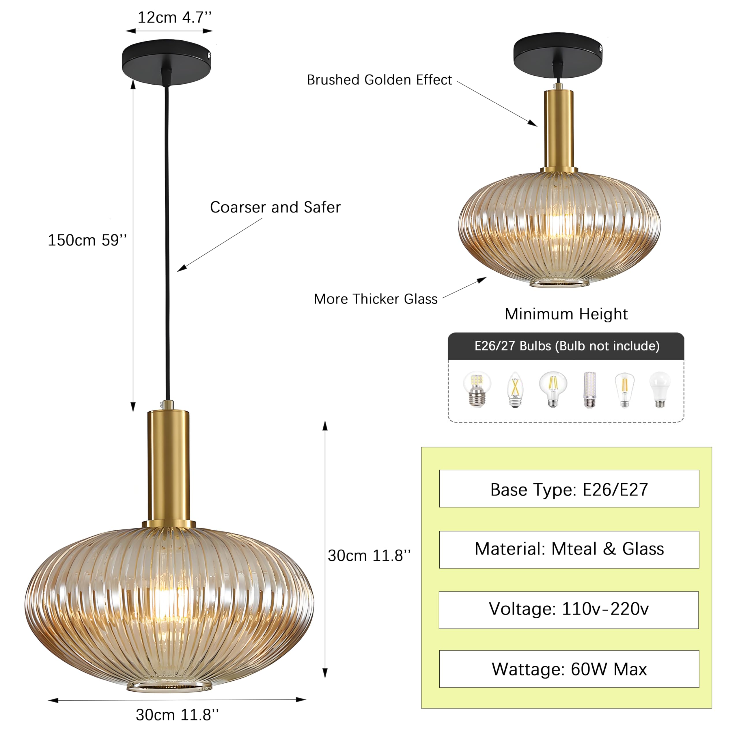 Modern Farmhouse Striped Glass Pendant Light - 11.81