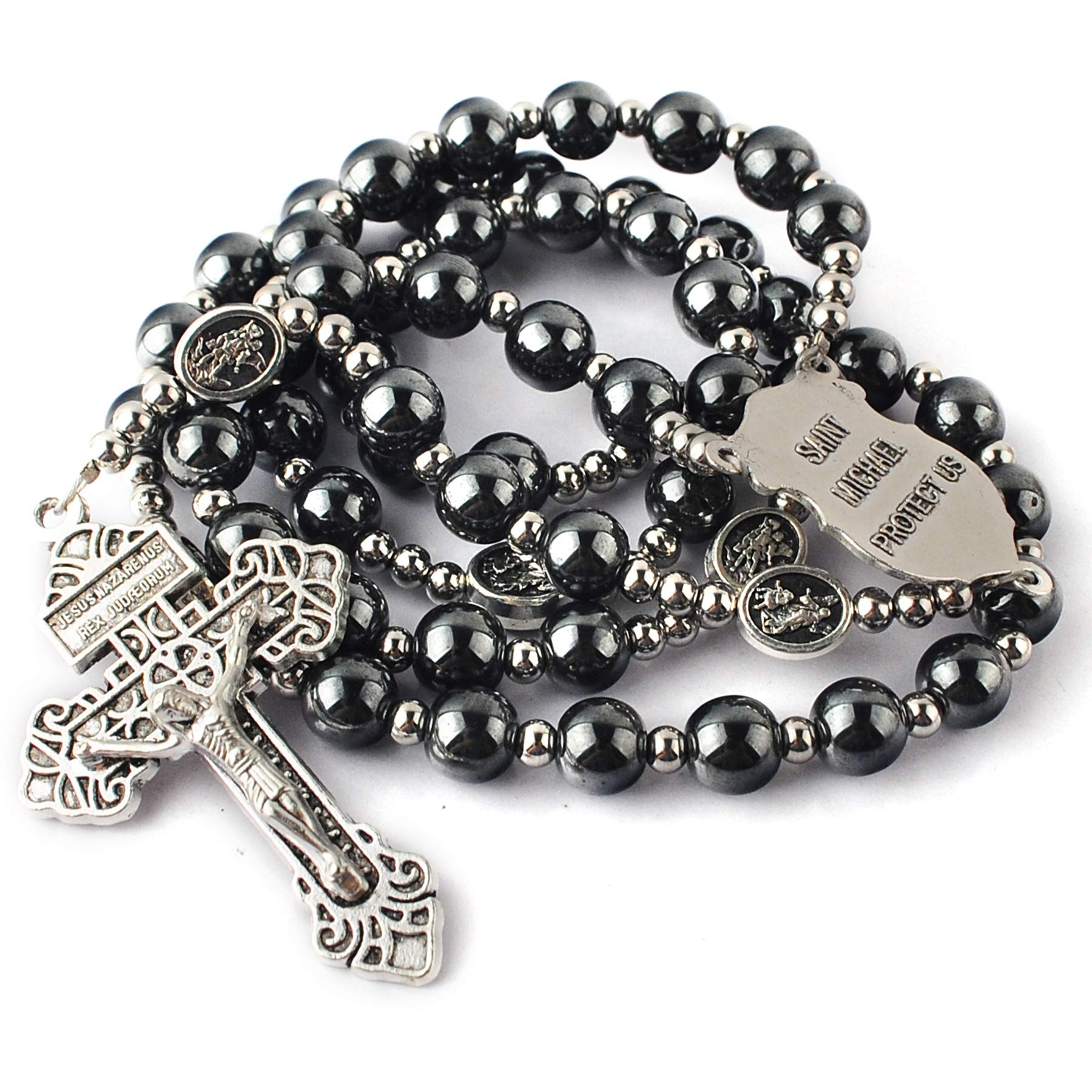 8mm Hematite Rosary Necklace with 4mm Stainless Steel Beads & St. Benedict Medal - Unisex Catholic Prayer Jewelry for Men & Women - Perfect for Daily Devotion, Religious Gifts, and Spiritual Protection