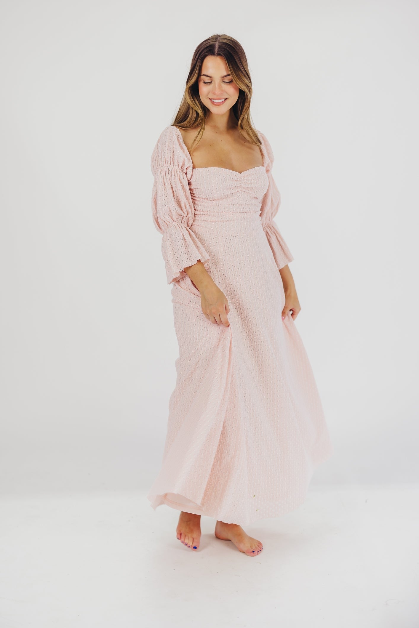 Corrine Tiered Sleeve Maxi Dress with Pockets - Ballerina Pink | Bump Friendly Maternity Dress | Perfect for Weddings, Baby Showers & Summer Vacations