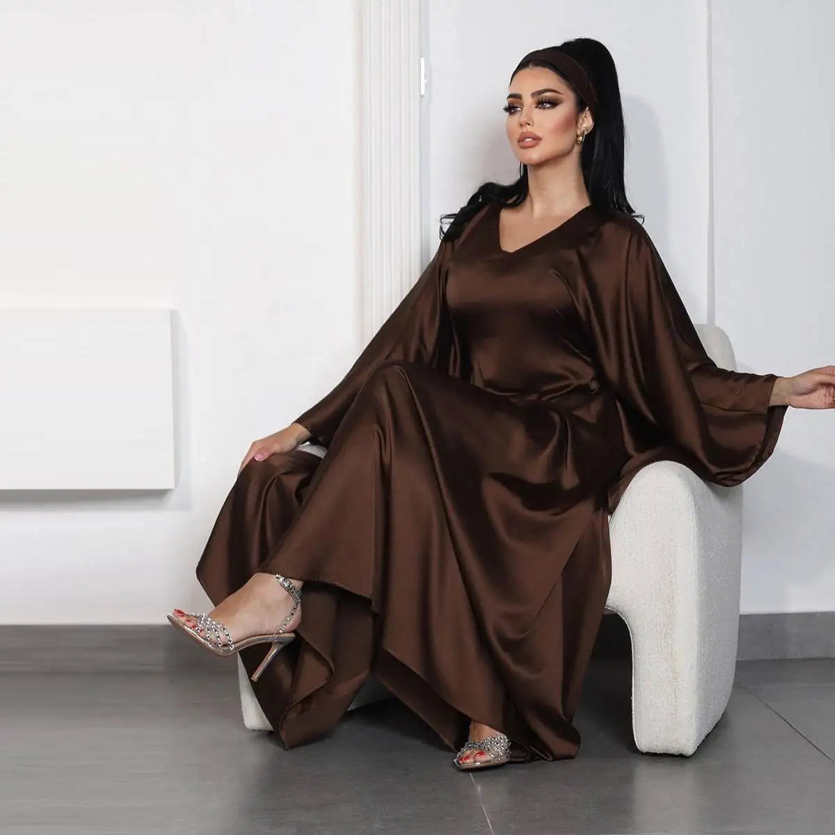 Elegant Coffee Satin Batwing Sleeve Farasha Abaya Dress for Women - Modest Islamic Fashion for Prayer, Wedding & Special Occasions