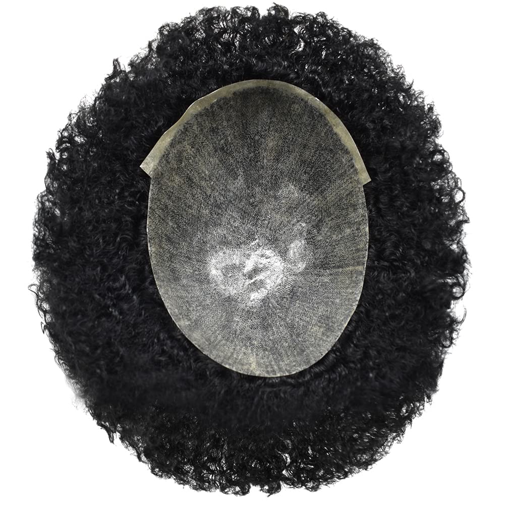 Premium Afro Toupee for Black Men - 100% Human Hair Replacement System with 6 Weave & PU Base - Curly Afro Wig (8x10, Off Black 1B#-6mm Afro Wave) - Perfect for Daily Wear, Special Occasions & Hair Loss Solutions