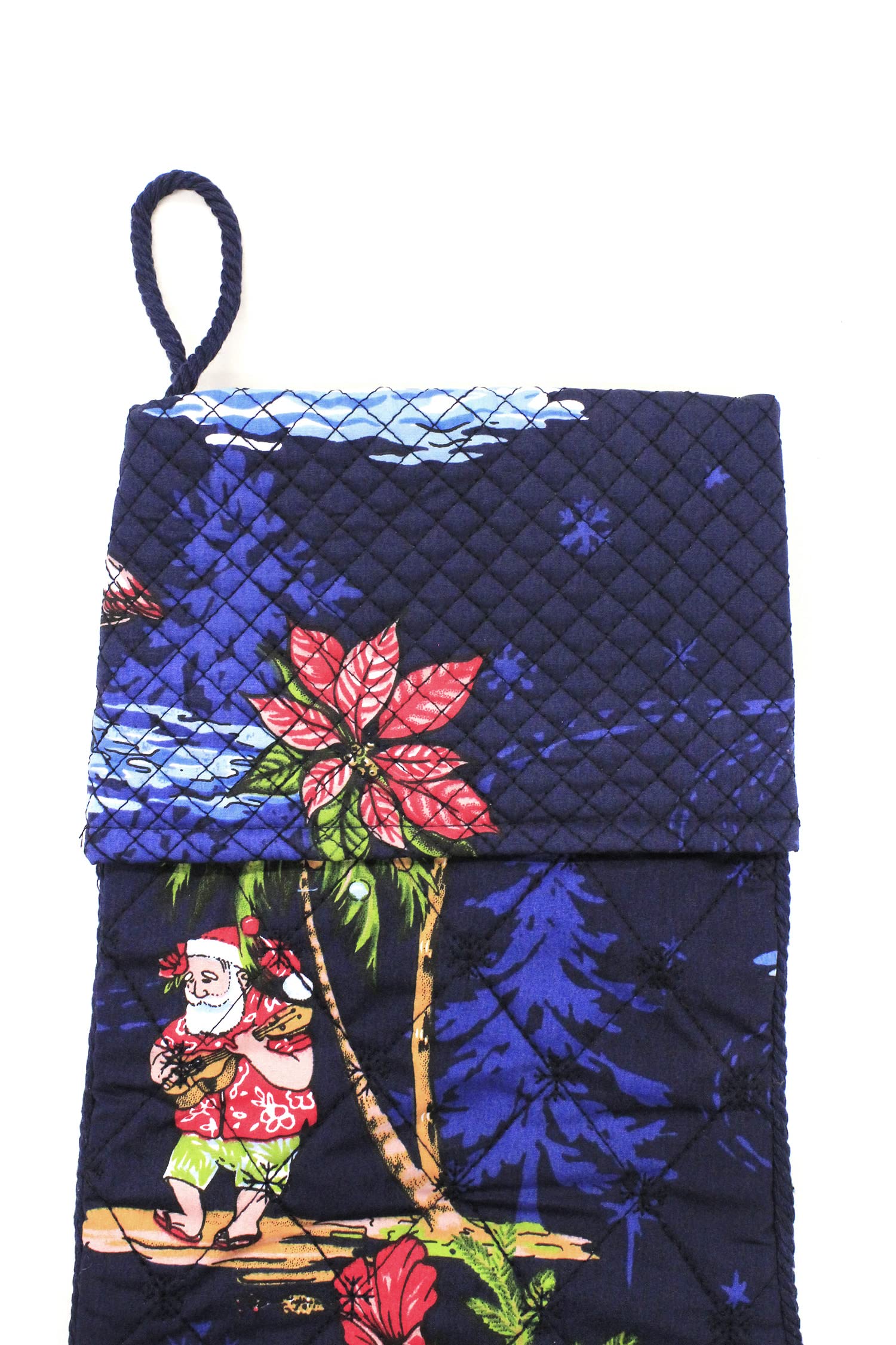 Santa in Hawaii Navy Snowflake Quilted Cotton Christmas Stockings - Holiday Decor for Fireplace, Tree & Festive Home Decor