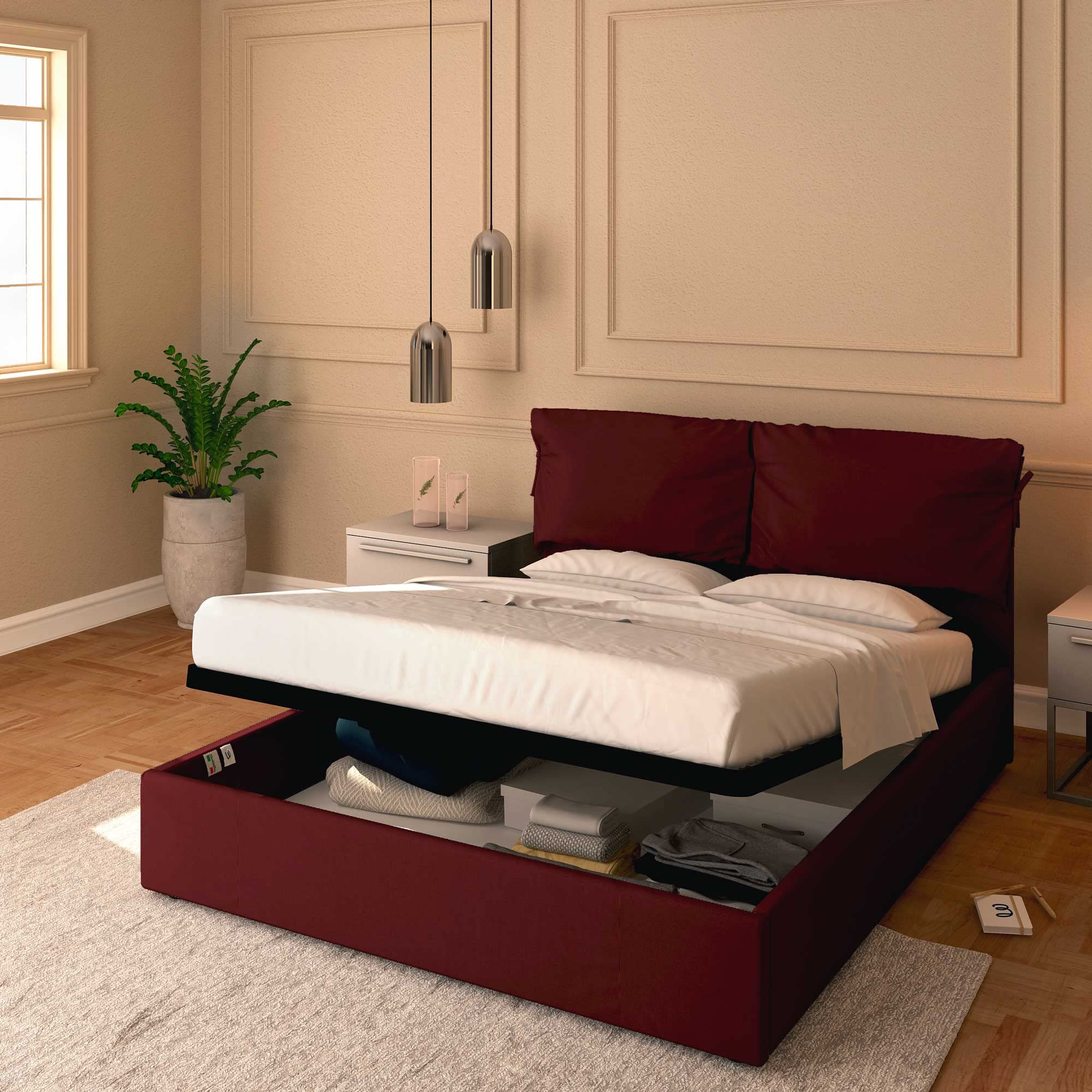 Baldiflex Single Bed with Storage - Licia Soft Synthetic Leather Upholstery, Slatted Base for Single Mattresses, 160 x 200 cm, Padded Thin Headboard, Burgundy - Perfect for Small Bedrooms, Guest Rooms & Studio Apartments