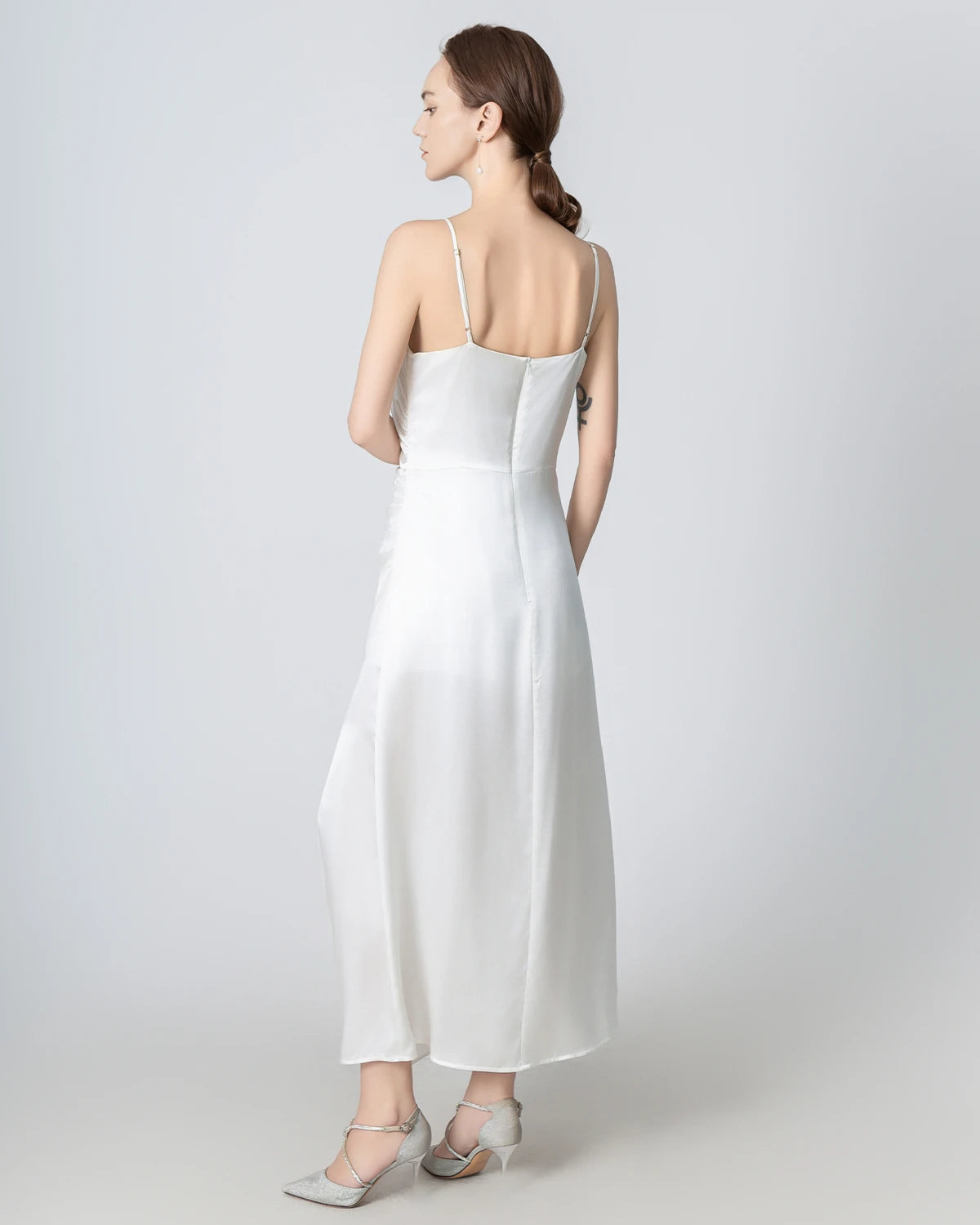 Elegant V-Neck Pleated Slit Maxi Silk Dress for Women - Perfect for Weddings, Parties & Evening Events