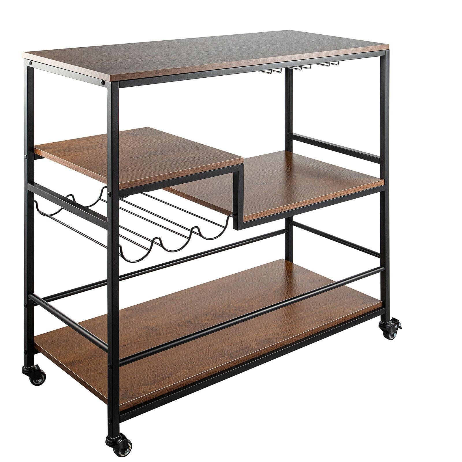3-Tier Bar Cart with Glass Holder & Lockable Wheels - Kitchen Serving Cart, Small Rolling Table for Home & Office - Brown & Black Furniture & Decor for Parties & Entertaining