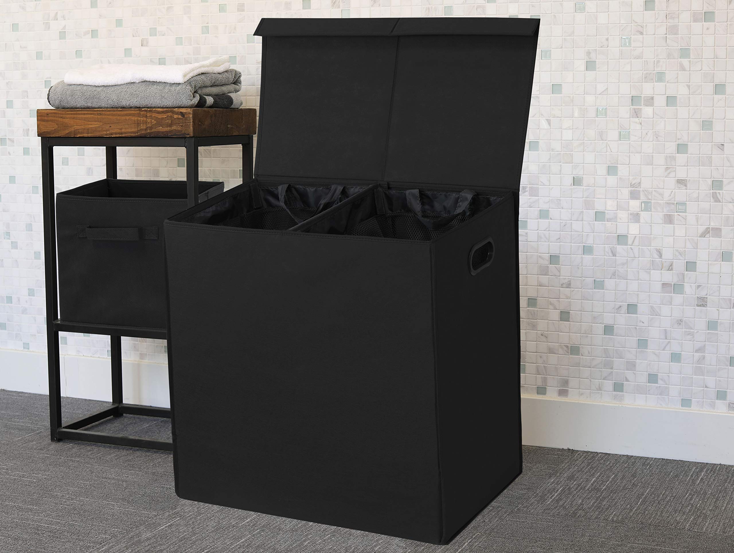 Simple Houseware Double Laundry Hamper with Lid & Removable Bags - 2 Compartment Clothes Hamper for Dirty & Clean Laundry Sorting - Perfect for Bedroom, Bathroom, Dorm & Laundry Room Organization (Black)
