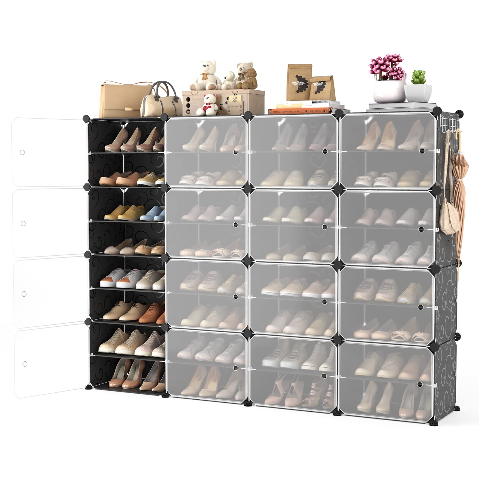 Portable Shoe Storage Cabinet with Door - Holds 64 Pairs of Shoes, Adjustable Plastic Shoe Rack Organizer, Stackable & Expandable 8-Tier Black Shoe Shelf for Easy Assembly - Perfect for Closet, Entryway, Bedroom & Mudroom Organization