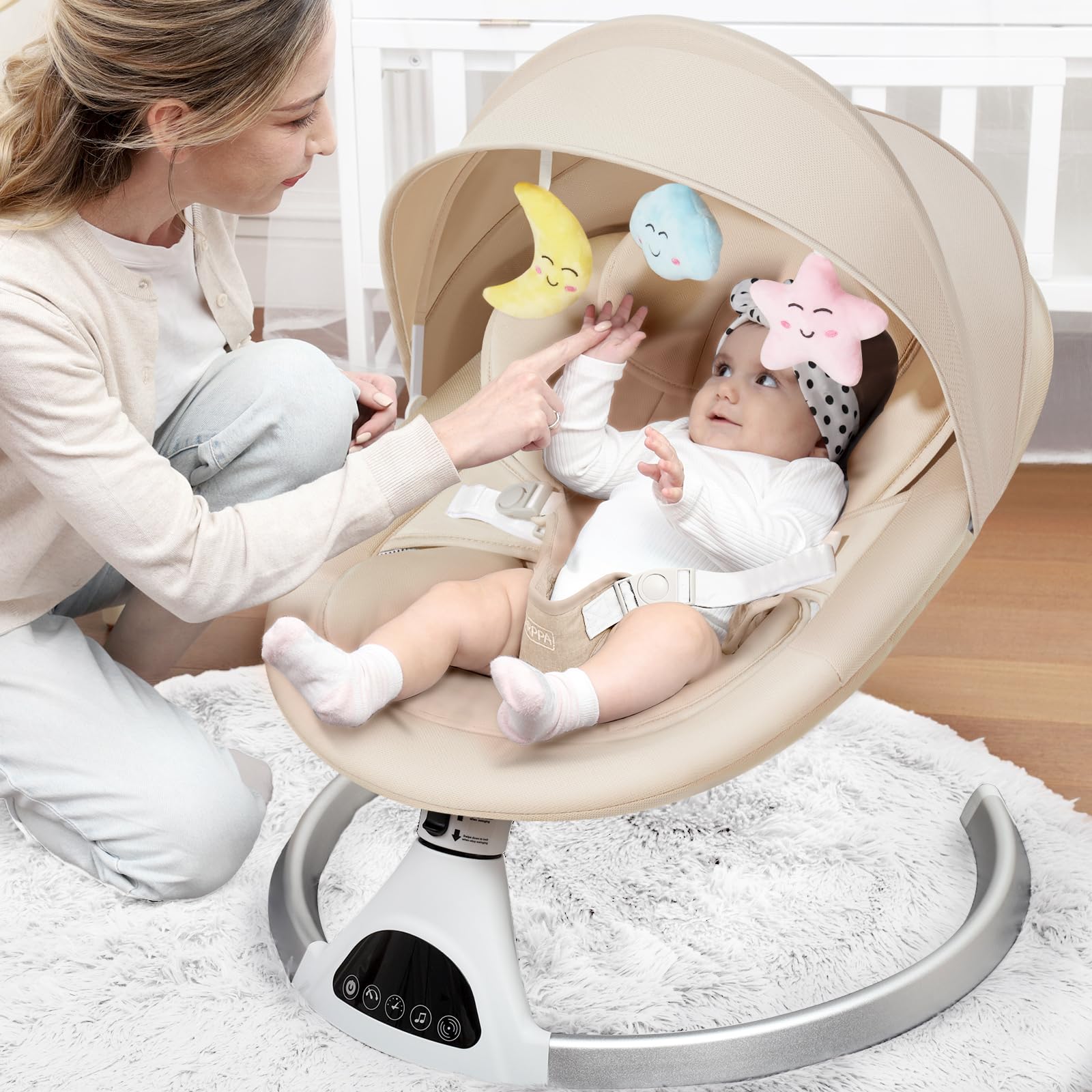 HARPPA Electric Baby Swing for Infants 0-12 Months - Portable Bluetooth Motorized Swing with 12 Lullabies, Auto Rocking & Adjustable Speeds - Perfect for Nursery, Travel & Soothing Newborns (Khaki)