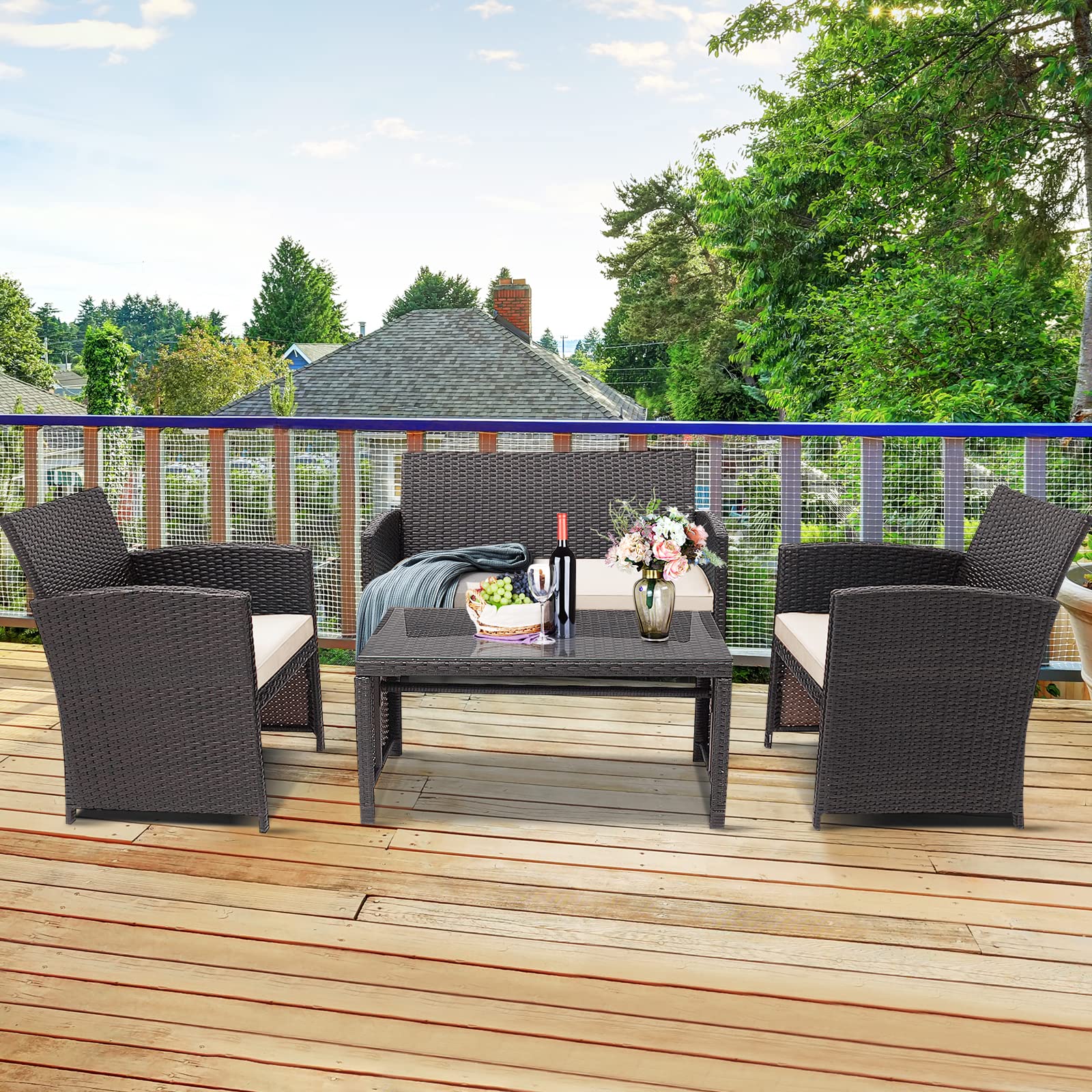 RELAX4LIFE 4-Piece Outdoor Patio Furniture Set with Cushions - Wicker Conversation Set Includes 2 Chairs, Loveseat & Tempered Glass Coffee Table - White Garden Furniture for Backyard, Porch, Poolside & Outdoor Entertaining