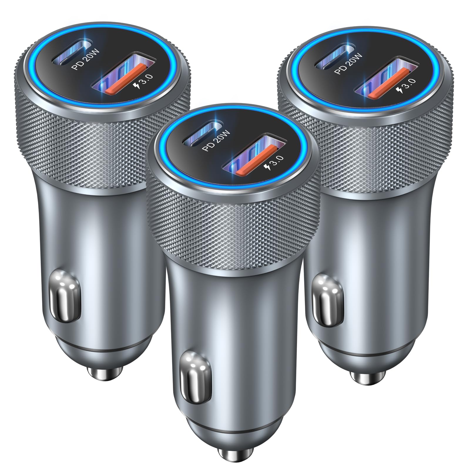OKRAY 36W Fast Car Charger 3-Pack - Dual USB C PD3.0 & QC3.0 Ports for iPhone 16/15/14/13/12 Pro, Samsung Galaxy S24/Note20 - Grey | Fast Charging Adapter for Road Trips & Daily Commute