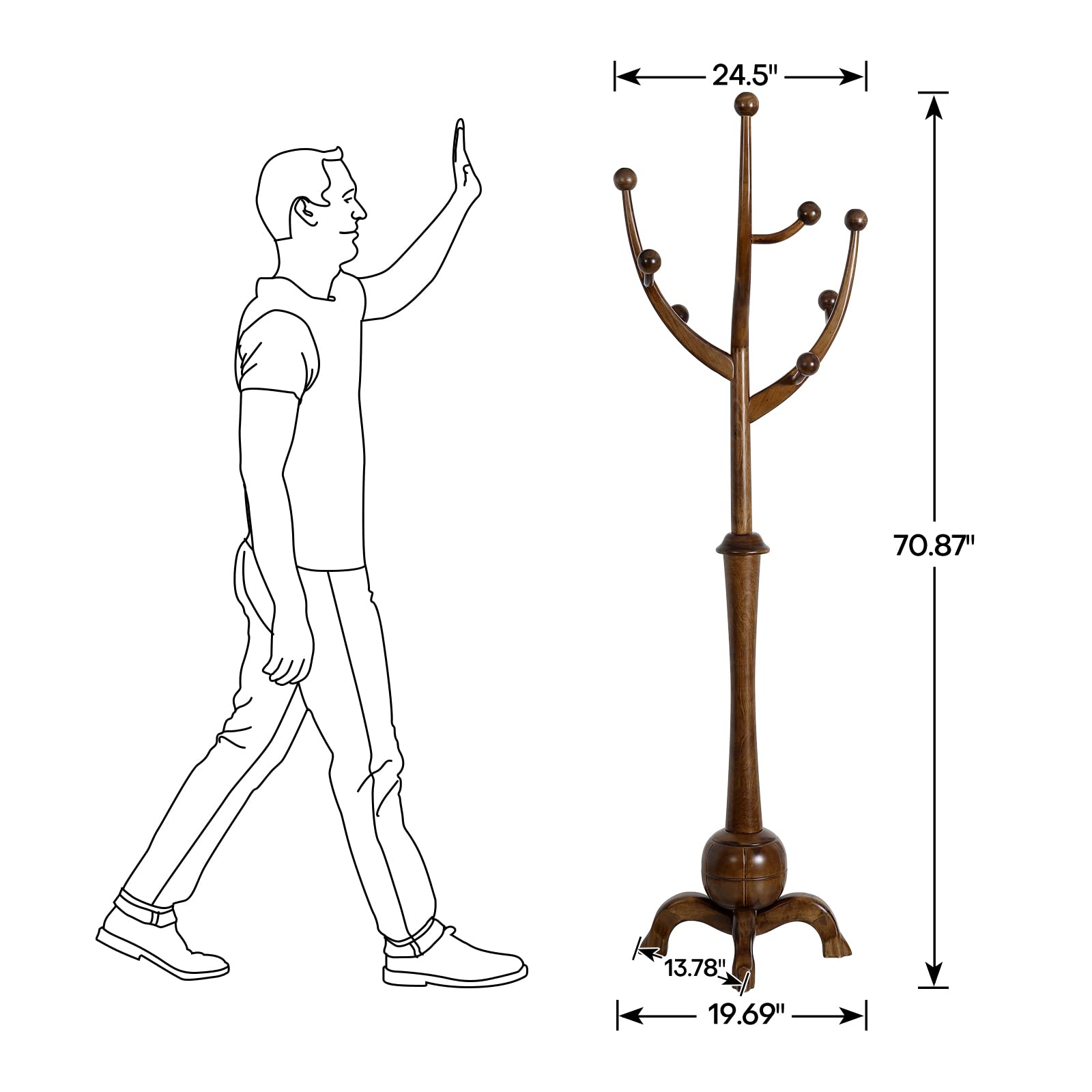 Freestanding Wood Coat Rack with 8 Hooks - Sturdy Tree Branch Design Clothes Hanger Stand (160lb Capacity) for Entryway, Hallway, Bedroom - Perfect for Organizing Jackets, Hats, Bags & Scarves in Walnut Finish