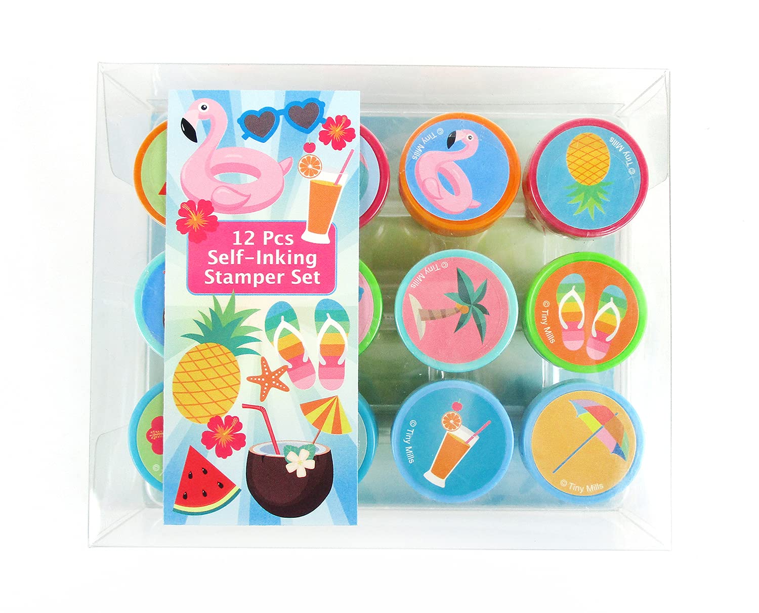 12 Pcs Summer Beach Pool Party Stamp Kit for Kids - Self Inking Stamps, Party Favors, Perfect for Birthday Celebrations, School Activities, and Creative Playtime