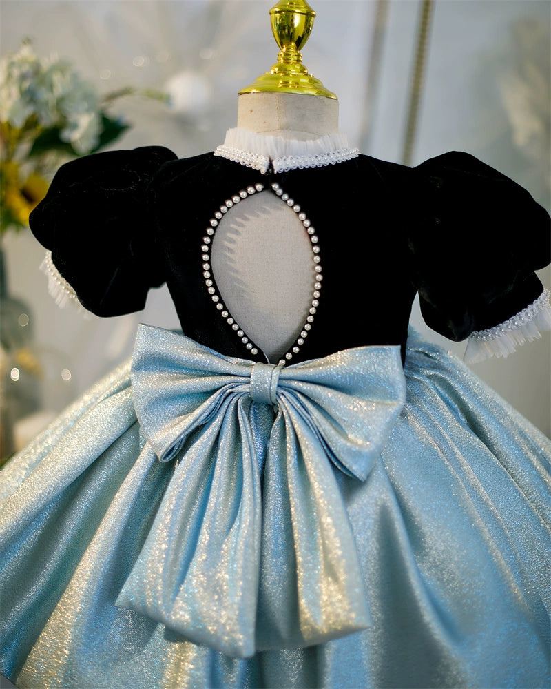 Black Satin Princess Mock Neck Flower Girl Dress for Weddings, Pageants & Special Occasions