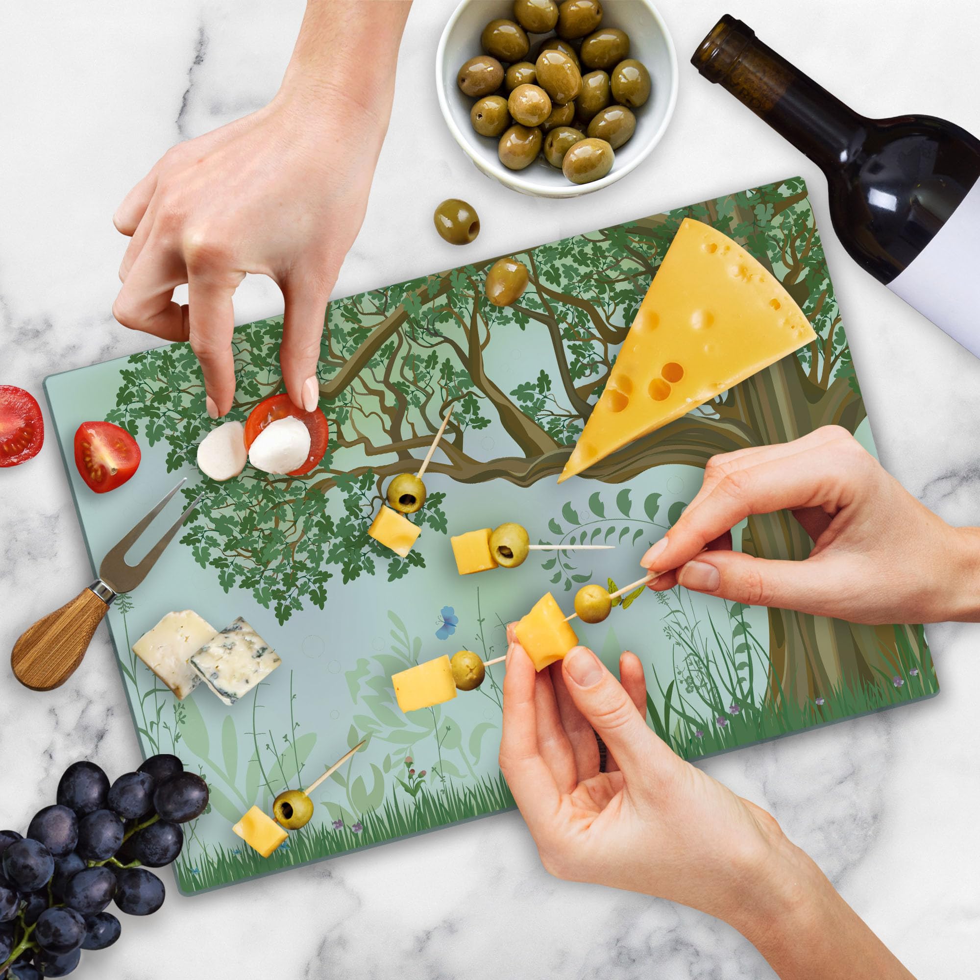 Ambesonne Nature Themed Cutting Board - Spring Summer Tree Grass Butterfly Oil Painting Design - Decorative Tempered Glass Serving Board - Large Size (Green, Brown, White) - Perfect for Kitchen Decor, Cheese Platter & Wall Art Display