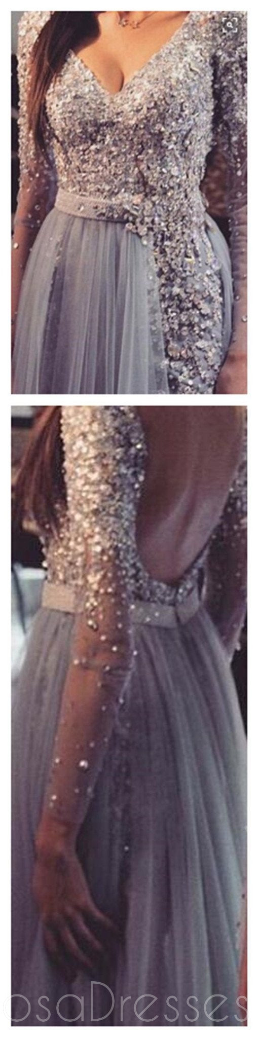 Elegant Long Sleeve Lace Prom Dress with V-Neck & Backless Design - Custom Grey Formal Gown for Homecoming, Ball & Special Occasions | PD0038