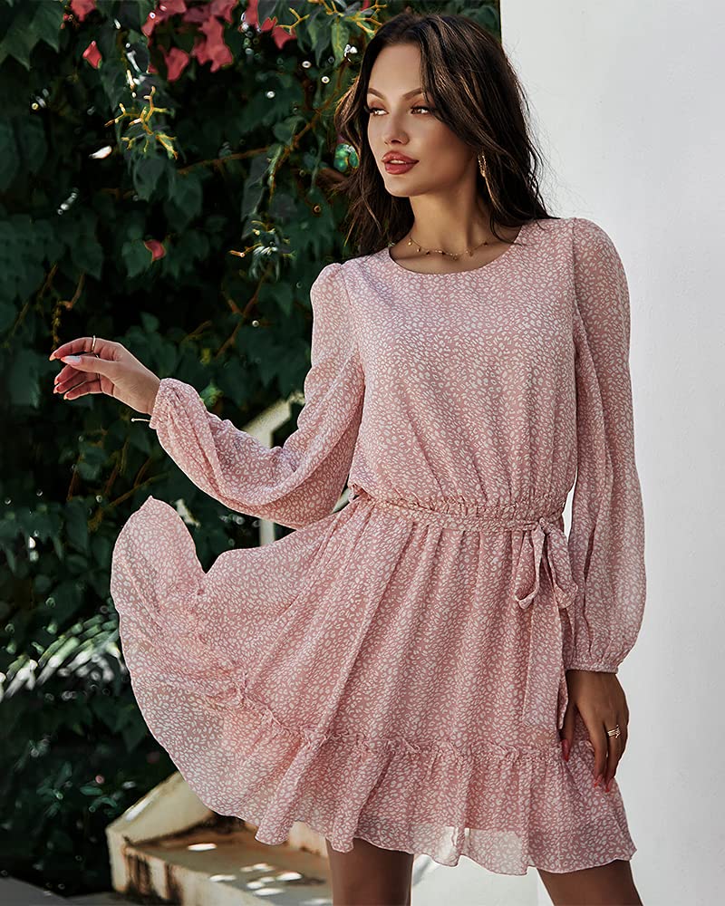 Women's Floral Print Ruffle A-Line Mini Dress with Waist Tie - Long Sleeve Round Neck Casual Dress for Spring Summer, Perfect for Date Night, Brunch & Office Wear