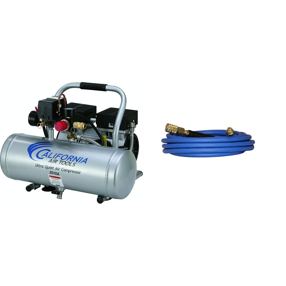 California Air Tools 2010A Ultra Quiet Oil-Free 1.0 HP Air Compressor - 2.0 Gallon Aluminum Tank (Silver) | Includes Hybrider Flex 1/4in 25ft Hybrid Air Hose with Quick Connect Fittings | Perfect for Home Garage, DIY Projects & Professional Workshops