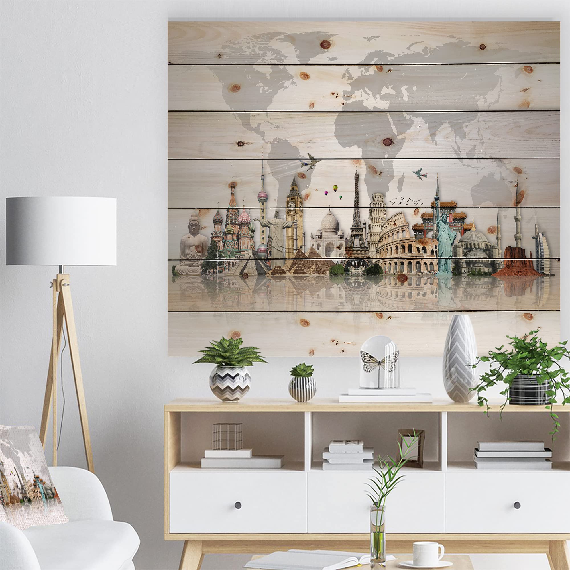 DesignQ Famous Monuments World Map Wood Wall Art - Industrial Grey Wooden Wall Decor with Architecture Prints on Natural Pine - Perfect for Living Room, Office & Home Decor