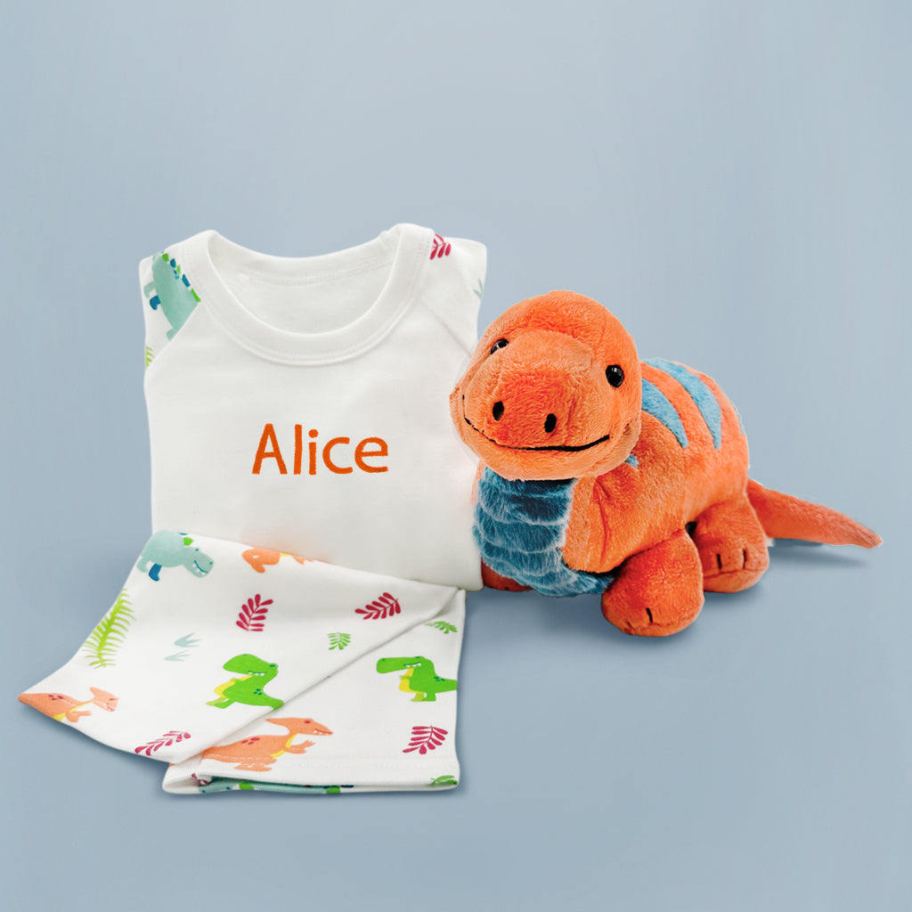 Steiff Bronko Brontosaurus Plush Dinosaur Toy with Personalized Pajamas - Perfect Gift for Kids' Bedtime & Dinosaur-Themed Nursery Decor