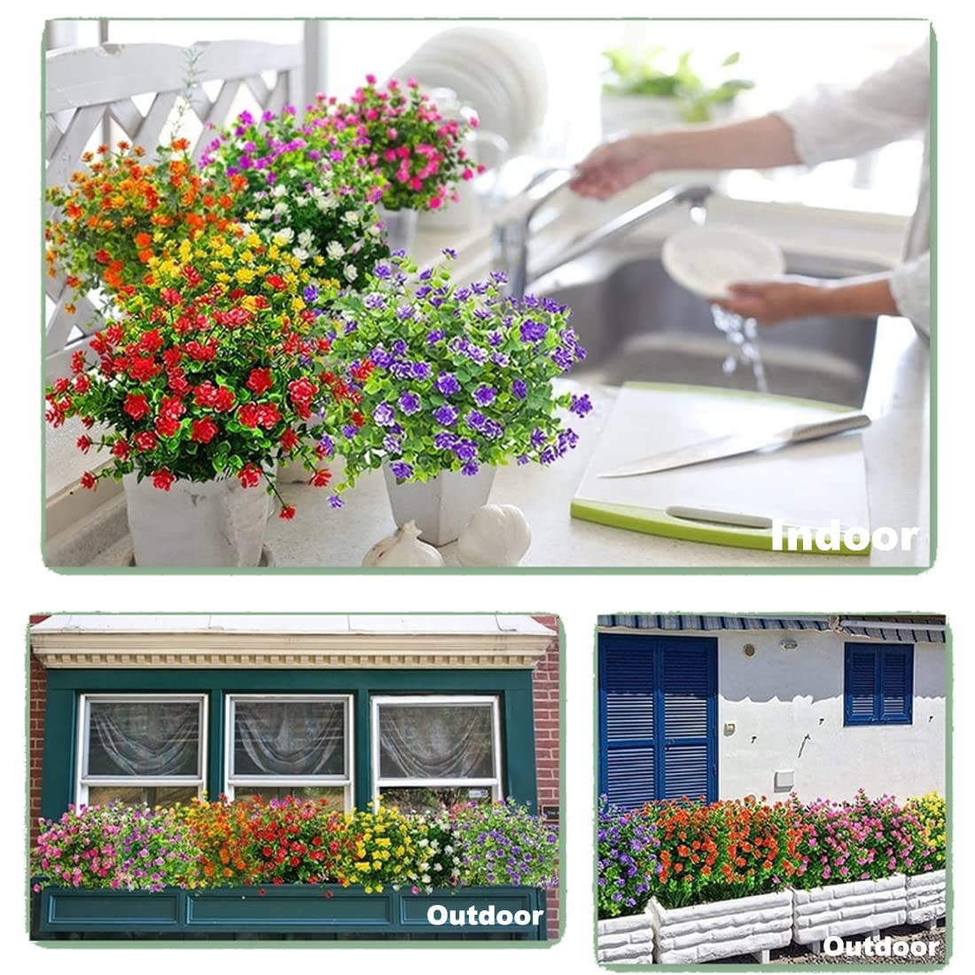 6 Bundles Artificial Eucalyptus Flowers - UV Resistant Faux Plastic Plants for Outdoor Garden, Porch & Window Box Decor - White Fake Greenery for Home & Wedding Decoration