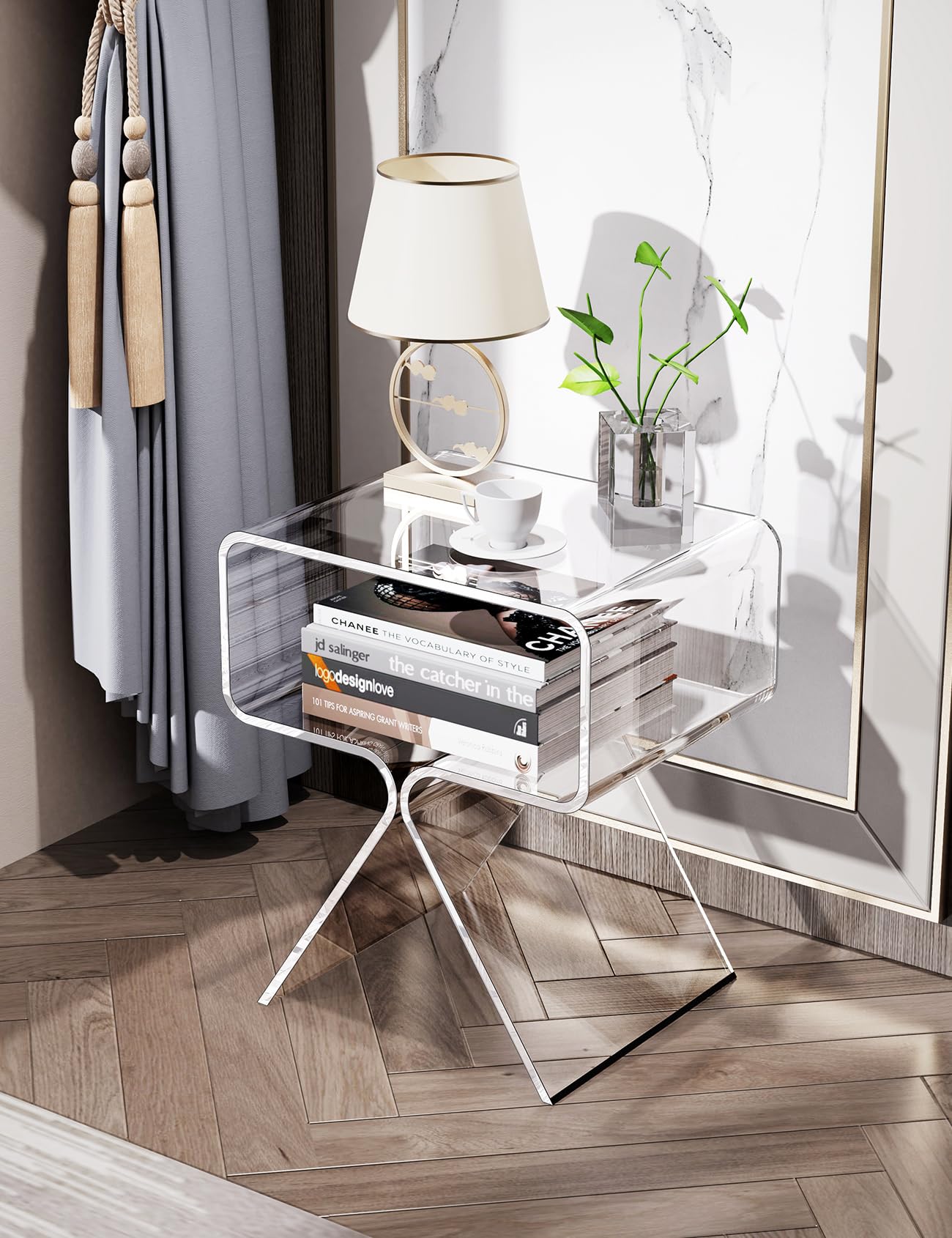 Modern Clear Acrylic Nightstand Side Table - Minimalist End Table for Living Room, Bedroom & Office - Home Decor Display Shelf for Books, Lamps & Decorations