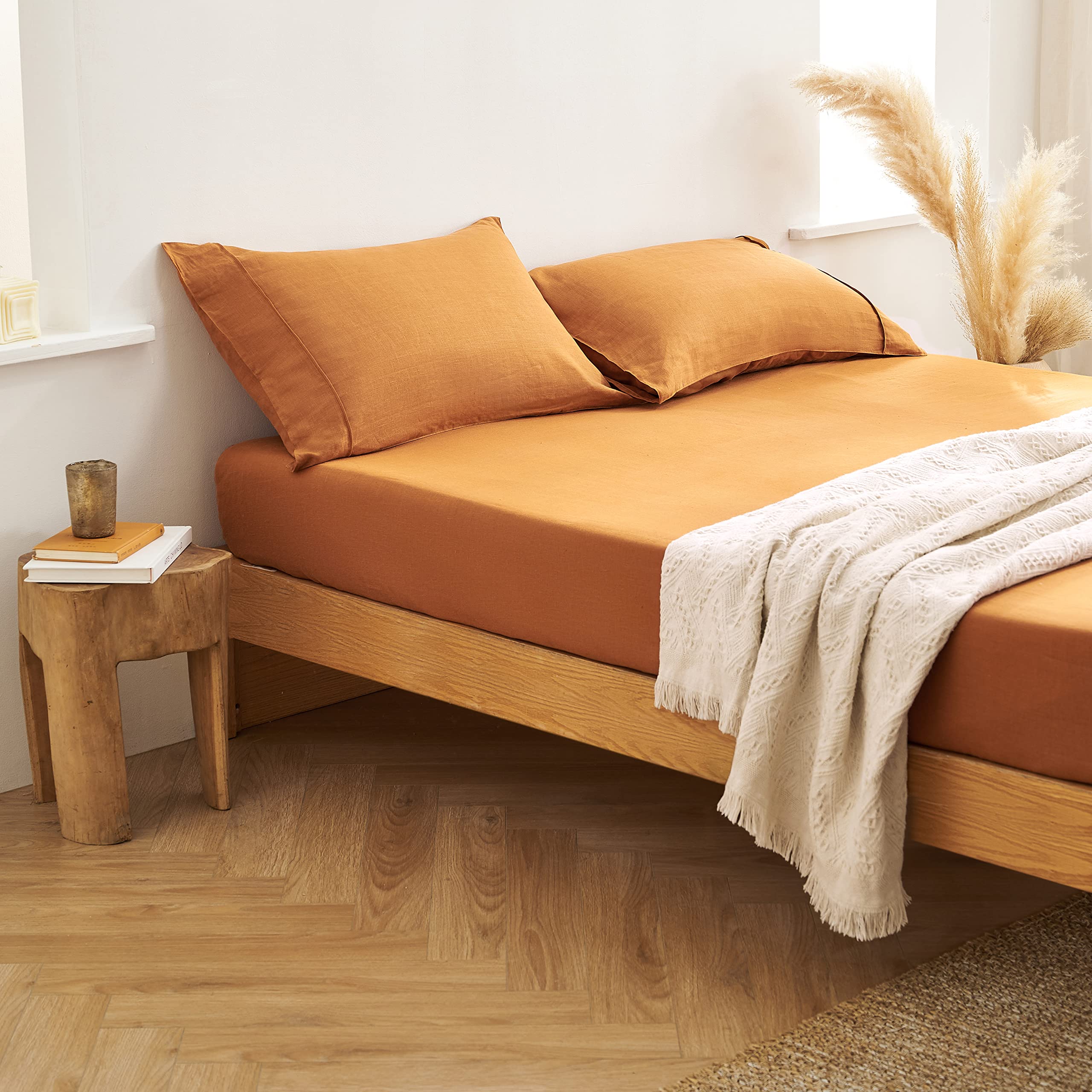 Berklan 100% French Linen Fitted Sheet - 16 Inch Deep Pocket, Fully Elasticized, High Thread Count Bedding for Twin Size (Caramel) | Soft, Breathable & Durable Linen Sheets for Comfortable Sleep & Luxury Bedroom Decor