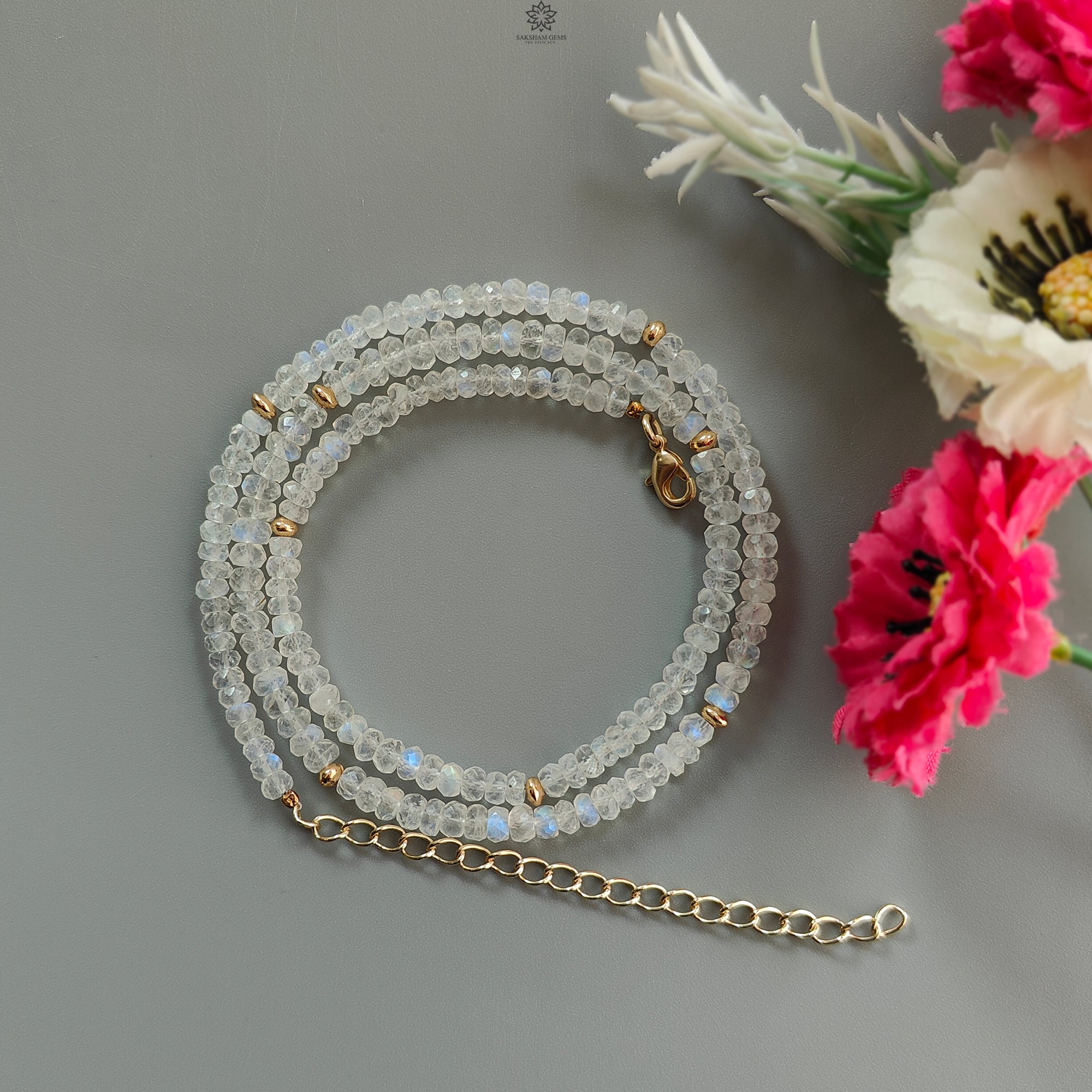 Natural Rainbow Moonstone Gemstone Beads Necklace - 15.79g Plain Rondelle Brass Jewelry, June Birthstone Gift for Women | Perfect for Weddings, Birthdays & Spiritual Healing