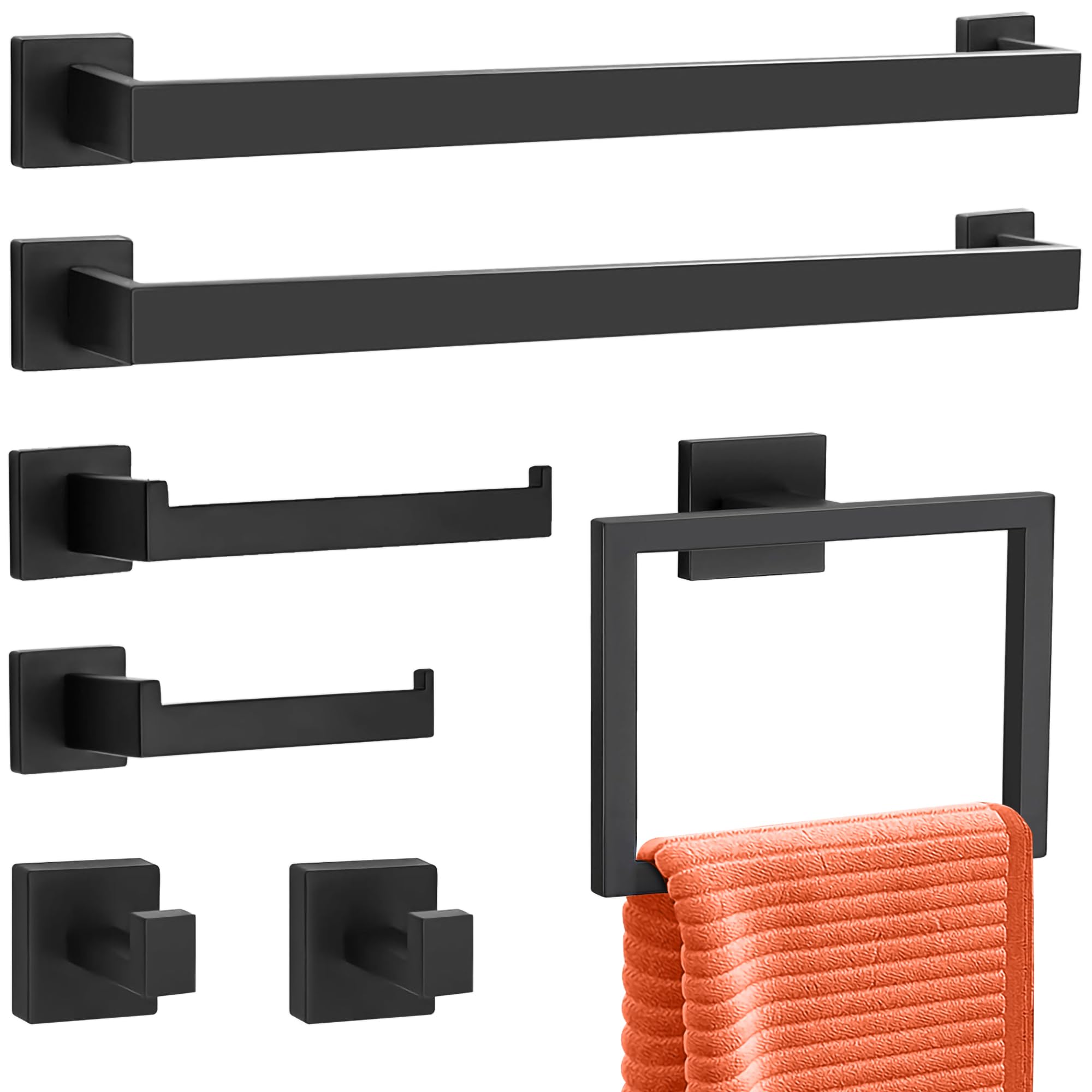 Premium Black Stainless Steel Bathroom Hardware Set - 7-Piece Towel Bar Holder & Bath Accessories Kit for Modern Bathrooms (Ideal for Guest Bathrooms, Master Suites & Spa-Style Decor)