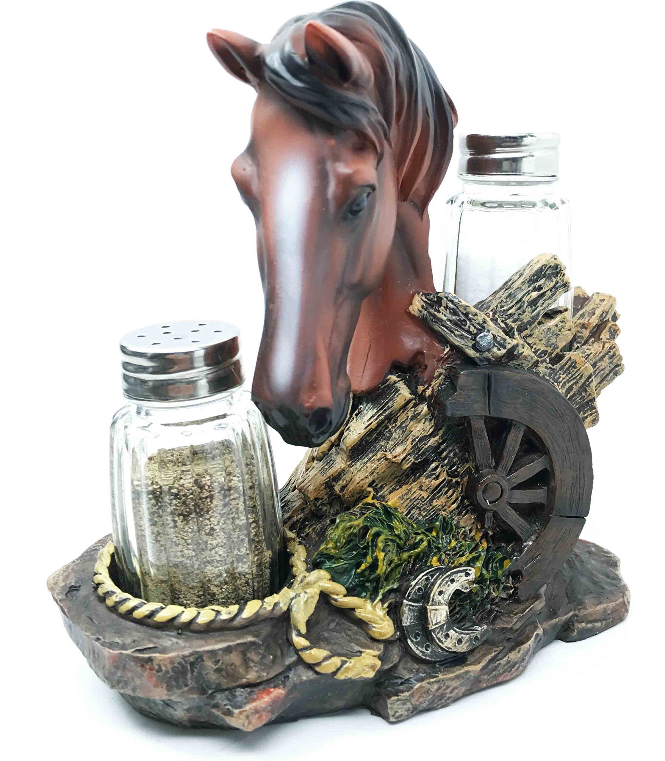 Western Decor Wagon Chestnut Stallion Horse Salt and Pepper Shaker Set - Rustic Kitchen Decor for Cowboy Themed Dining & Western Home Decor